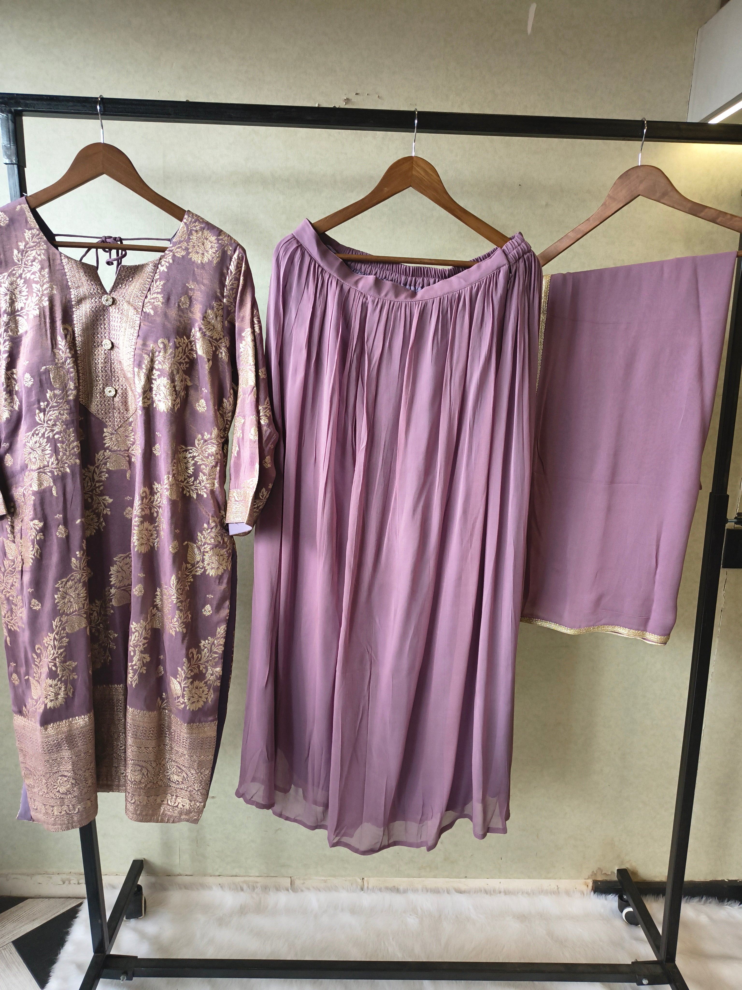 Image of Premium Lavender Jacquard Straight Kurta with Georgette Sharara & Dupatta Set