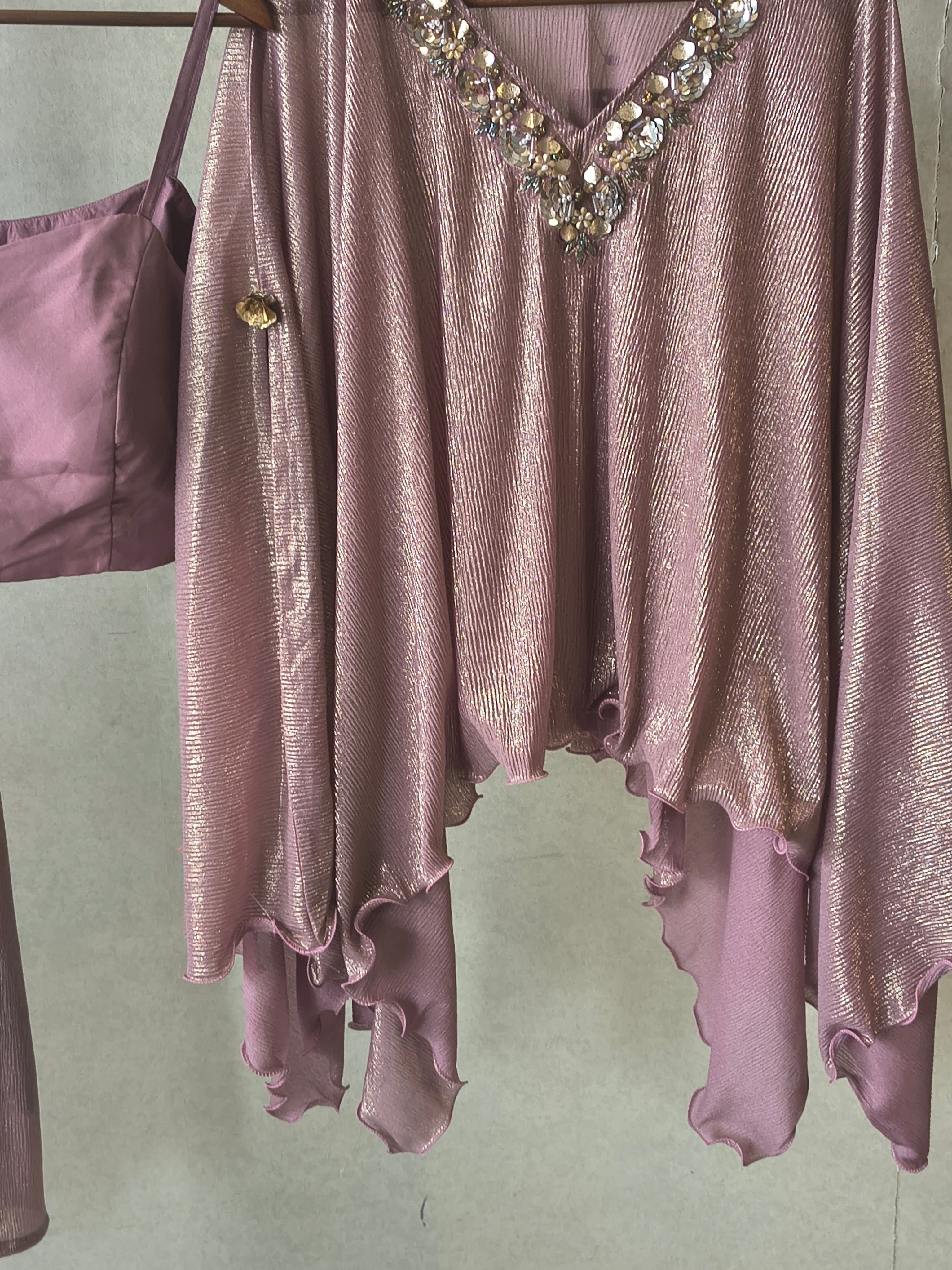 Image of Premium Rose Gold Shimmer Kaftan Co-Ord Set with Hand Embellished Cape & Straight Pants