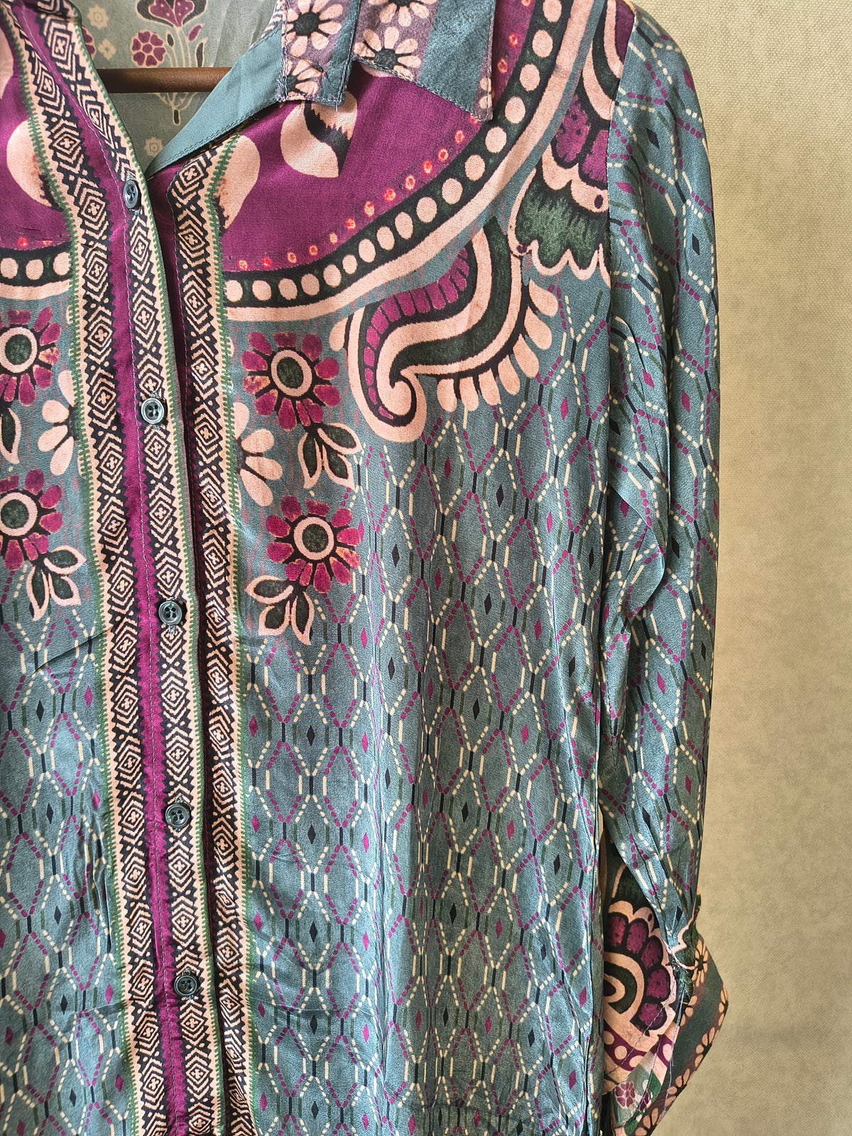 Teal Blue Vintage Floral Printed Shirt Style Tunic