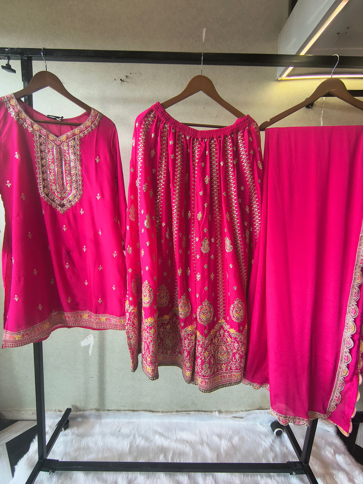 Rani Pink Embroidered Kurta Sharara Set with Scalloped Dupatta – Premium 3 Piece Festive Ensemble