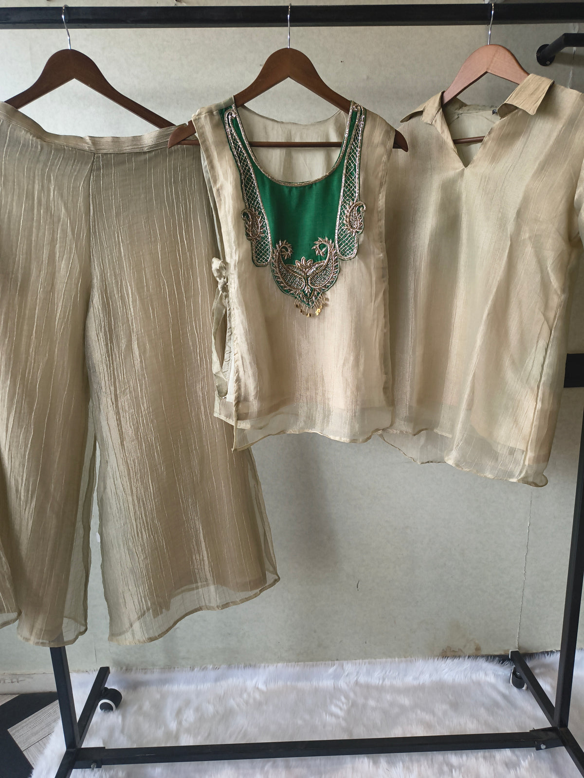Premium Champagne Gold Tissue Silk 3-Piece Co-Ord Set with Emerald Hand Embellished Jacket, Inner & Palazzo
