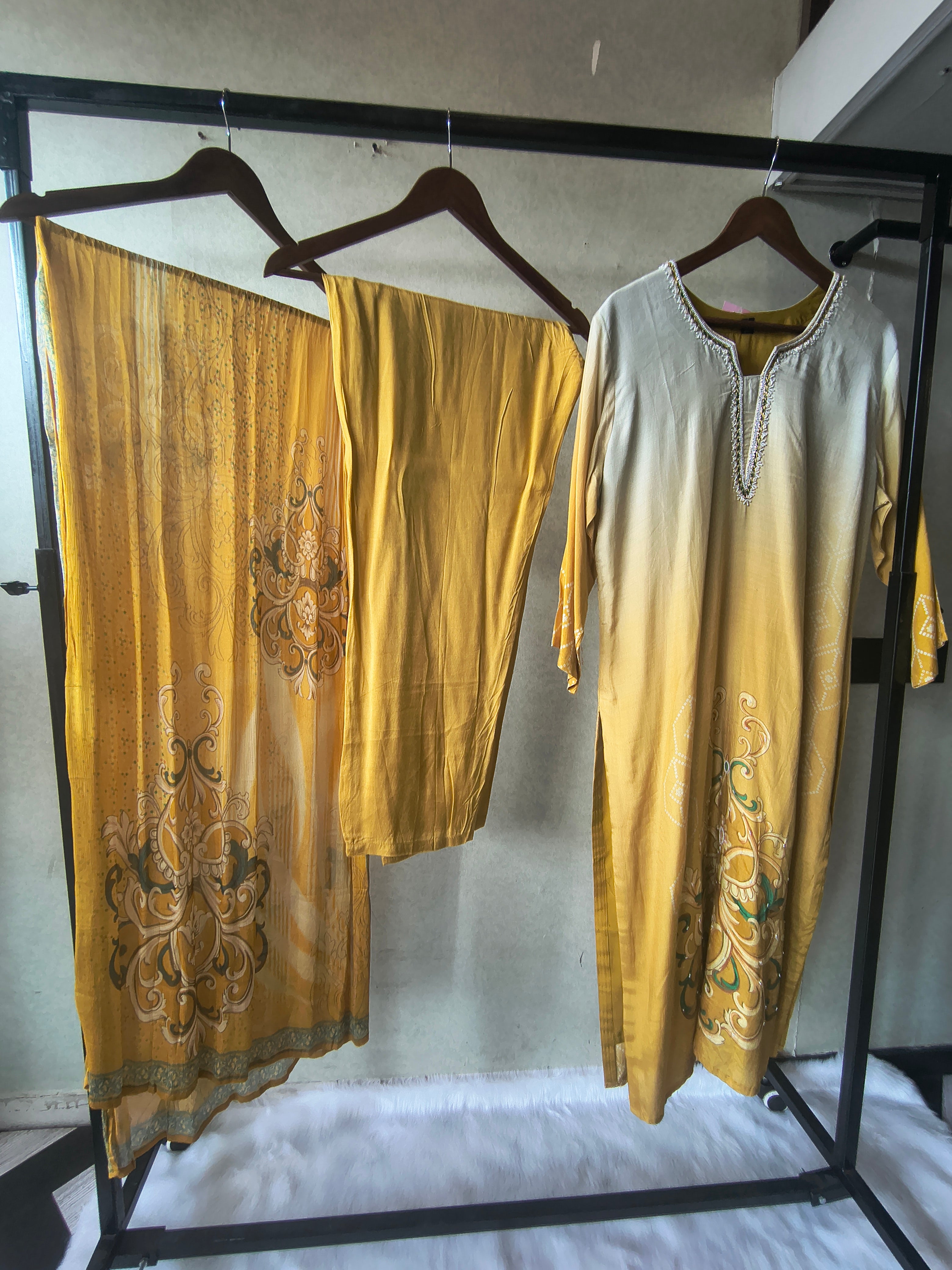 Image of Premium Mustard Yellow Ornamental Print Straight Kurta Set with Designer Dupatta & Straight Pants