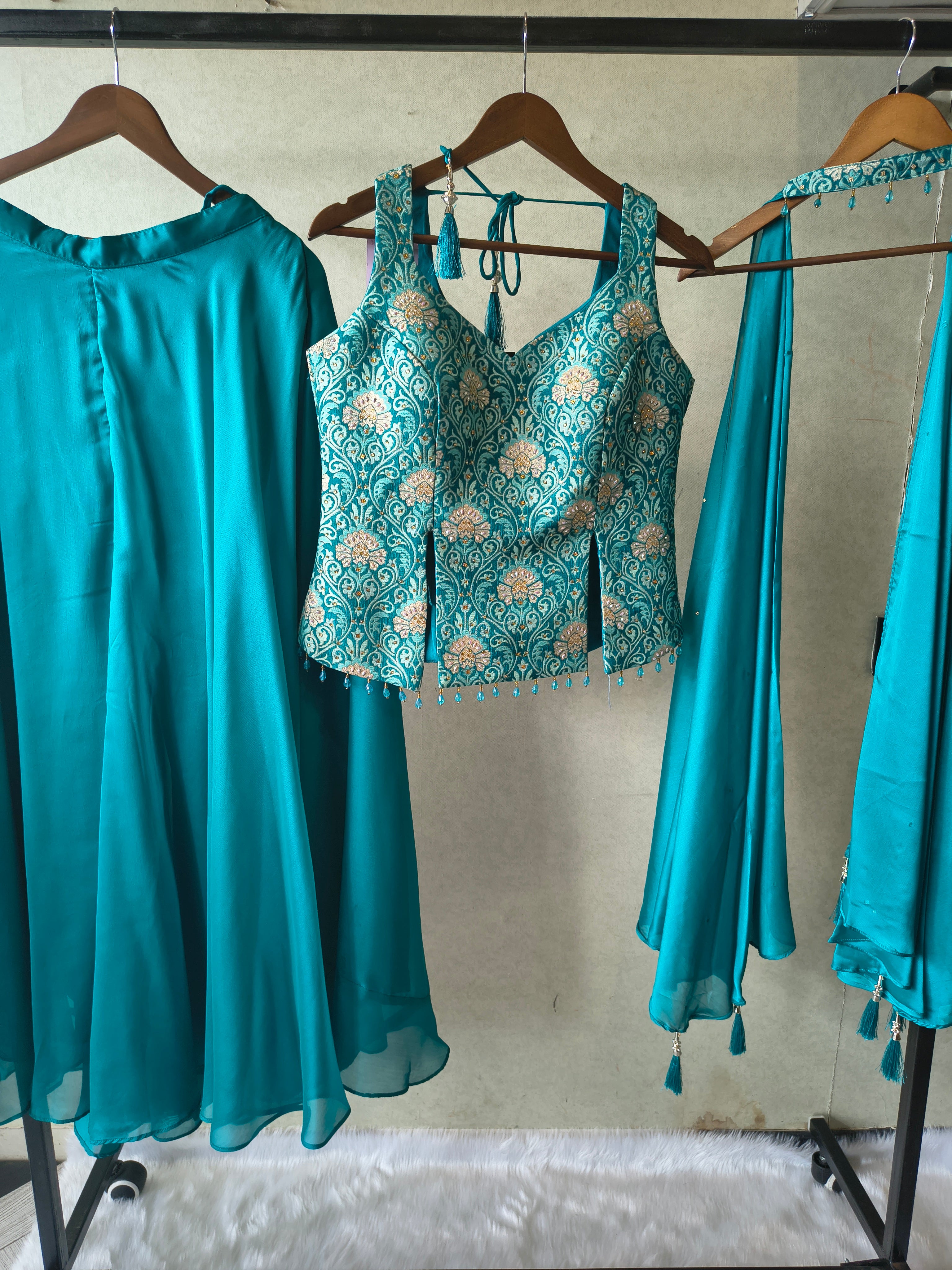 Image of Premium Turquoise Blue 3-Piece Designer Lehenga Set with Brocade Embroidered Blouse & Tassel Dupatta