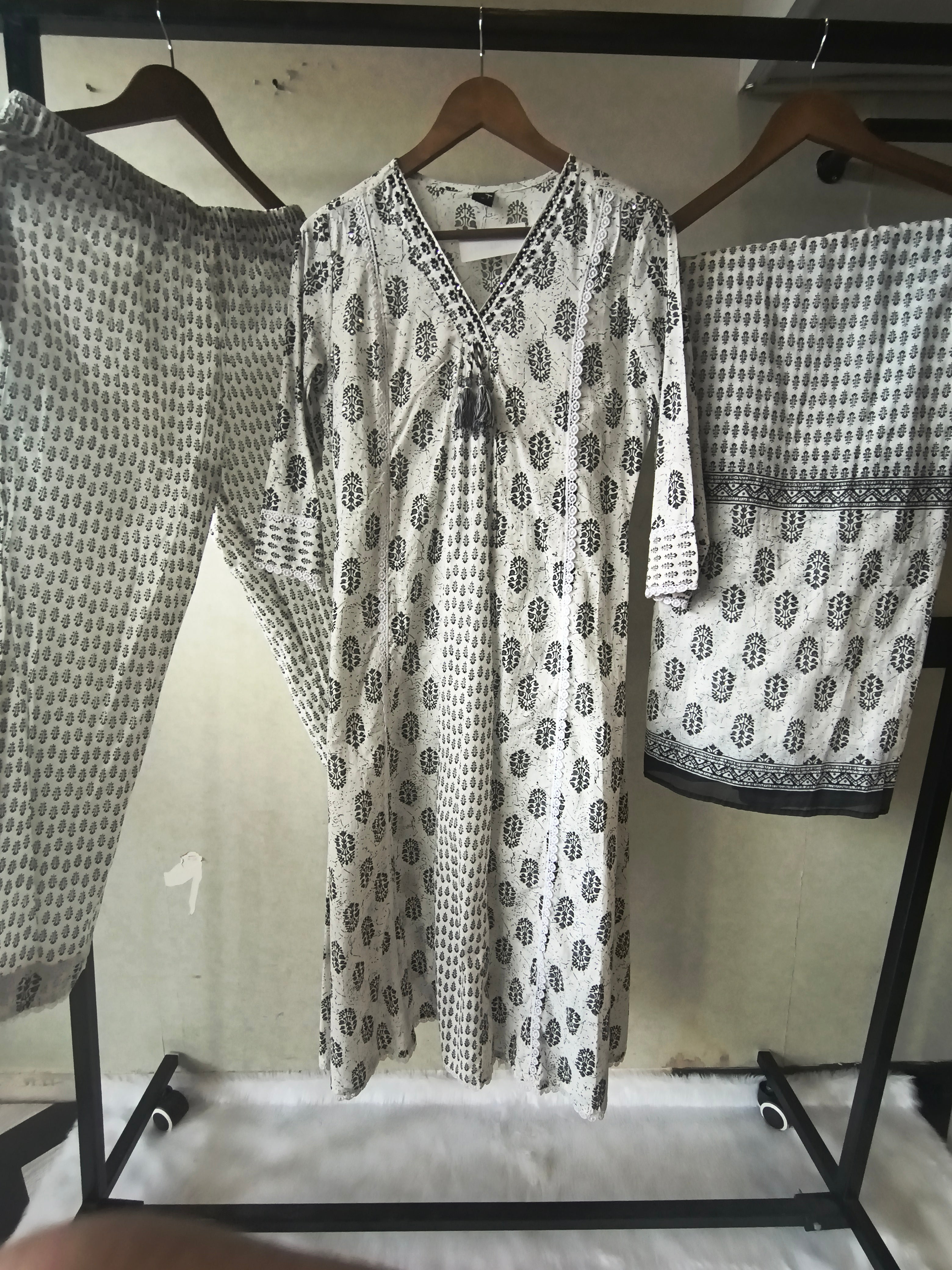 Image of Premium Black & White Hand Block Printed Cotton Anarkali Kurta Set with Printed Pants & Dupatta