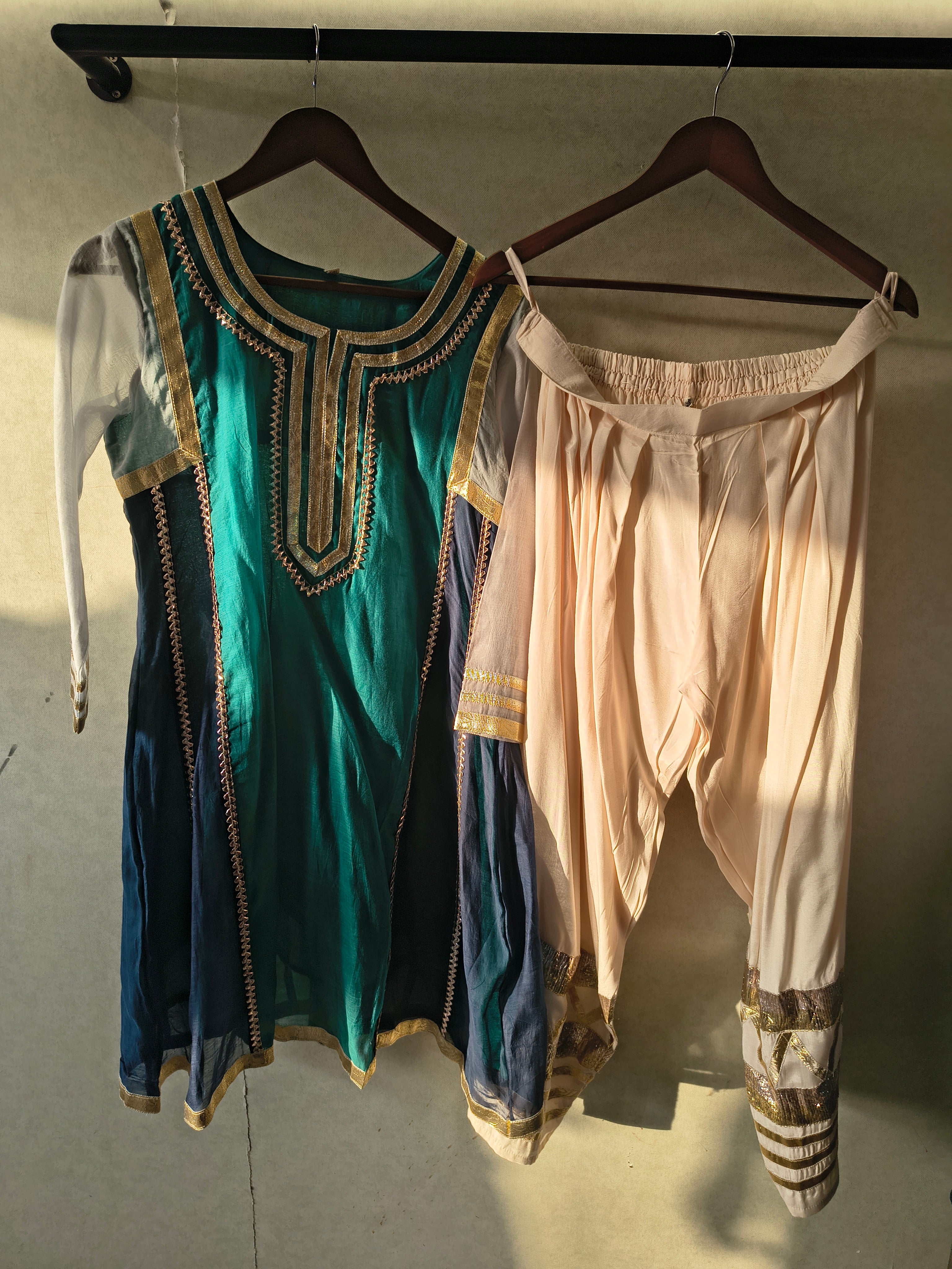 Image of Teal & Navy Colour Block Designer Kurta Set with Gota Patti Dhoti Pants