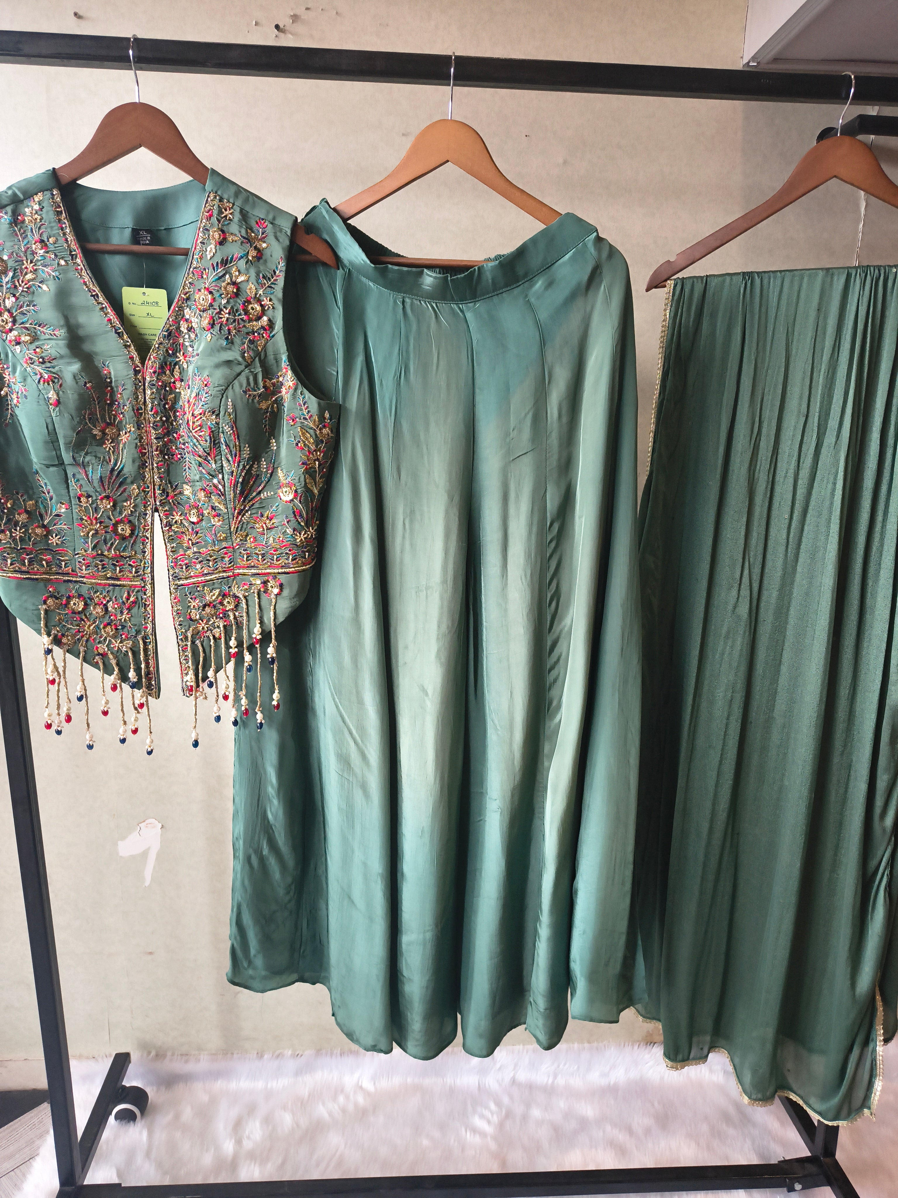 Image of Premium Emerald Green Satin Silk 3-Piece Lehenga Set with Hand Embroidered Crop Jacket & Dupatta