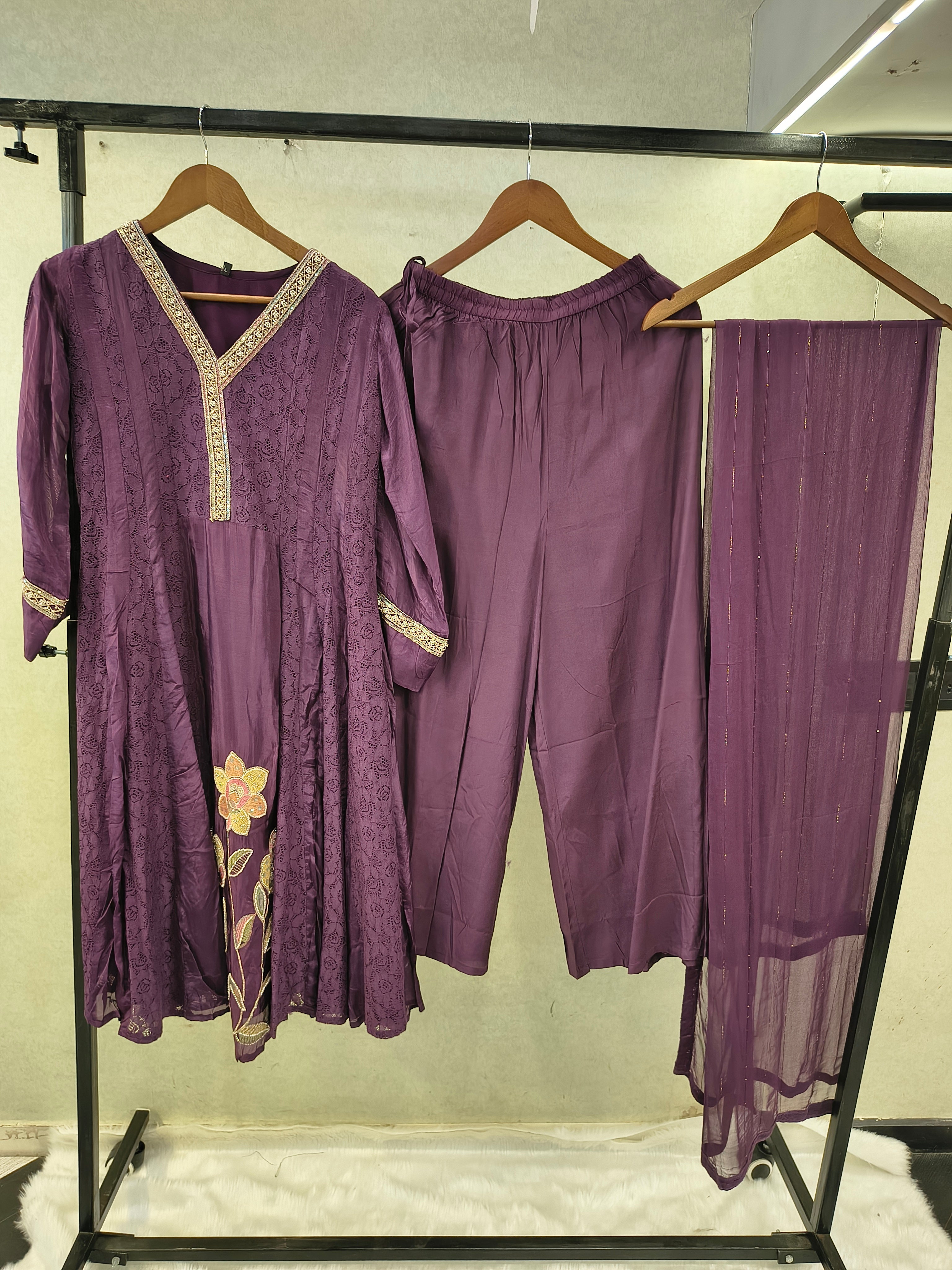 Image of Royal Purple Designer Lace Panel Anarkali Kurta Set with Floral Embroidery & Sheer Dupatta | Premium 3 Piece Festive Ensemble