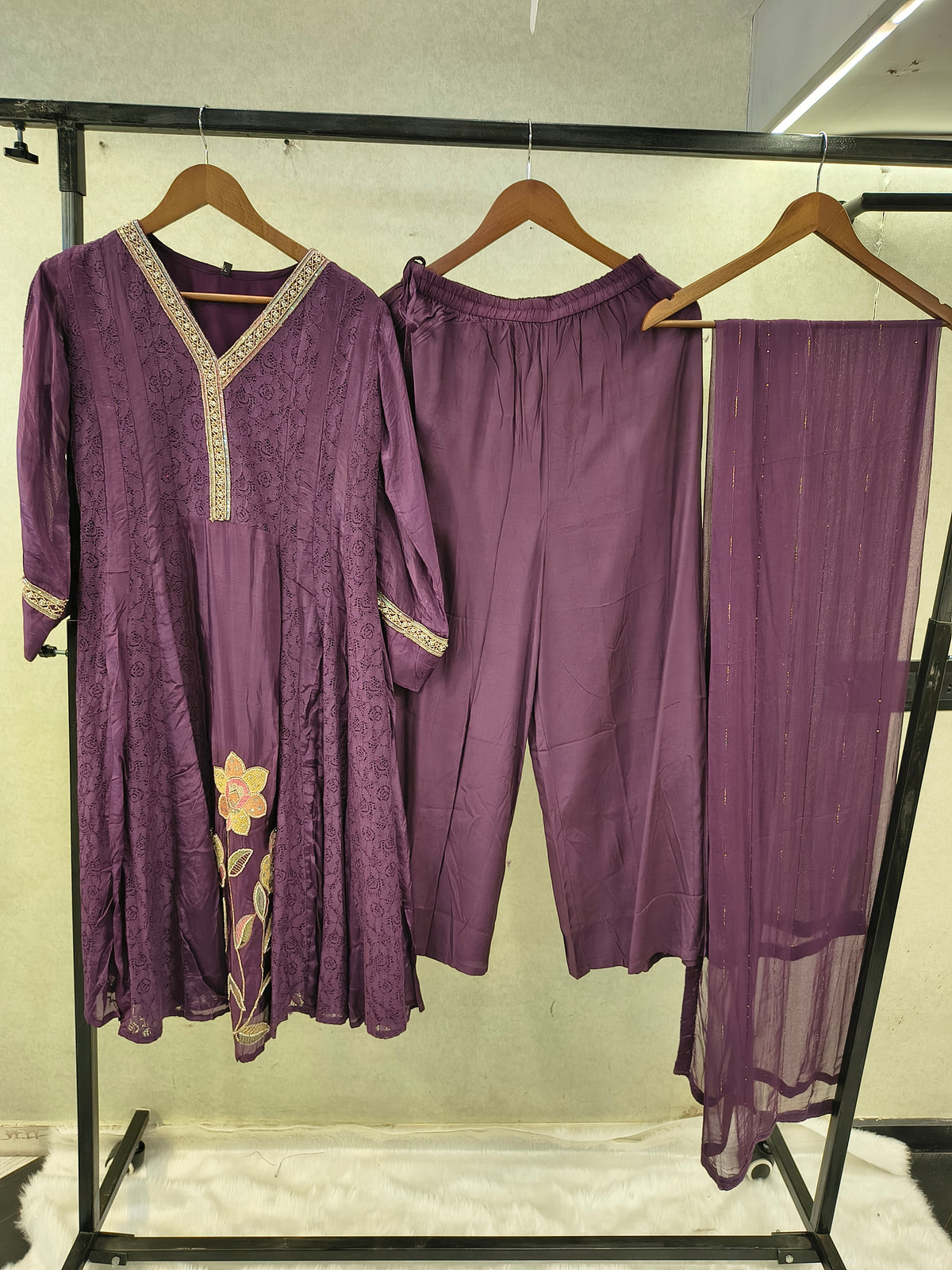 Royal Purple Designer Lace Panel Anarkali Kurta Set with Floral Embroidery & Sheer Dupatta | Premium 3 Piece Festive Ensemble