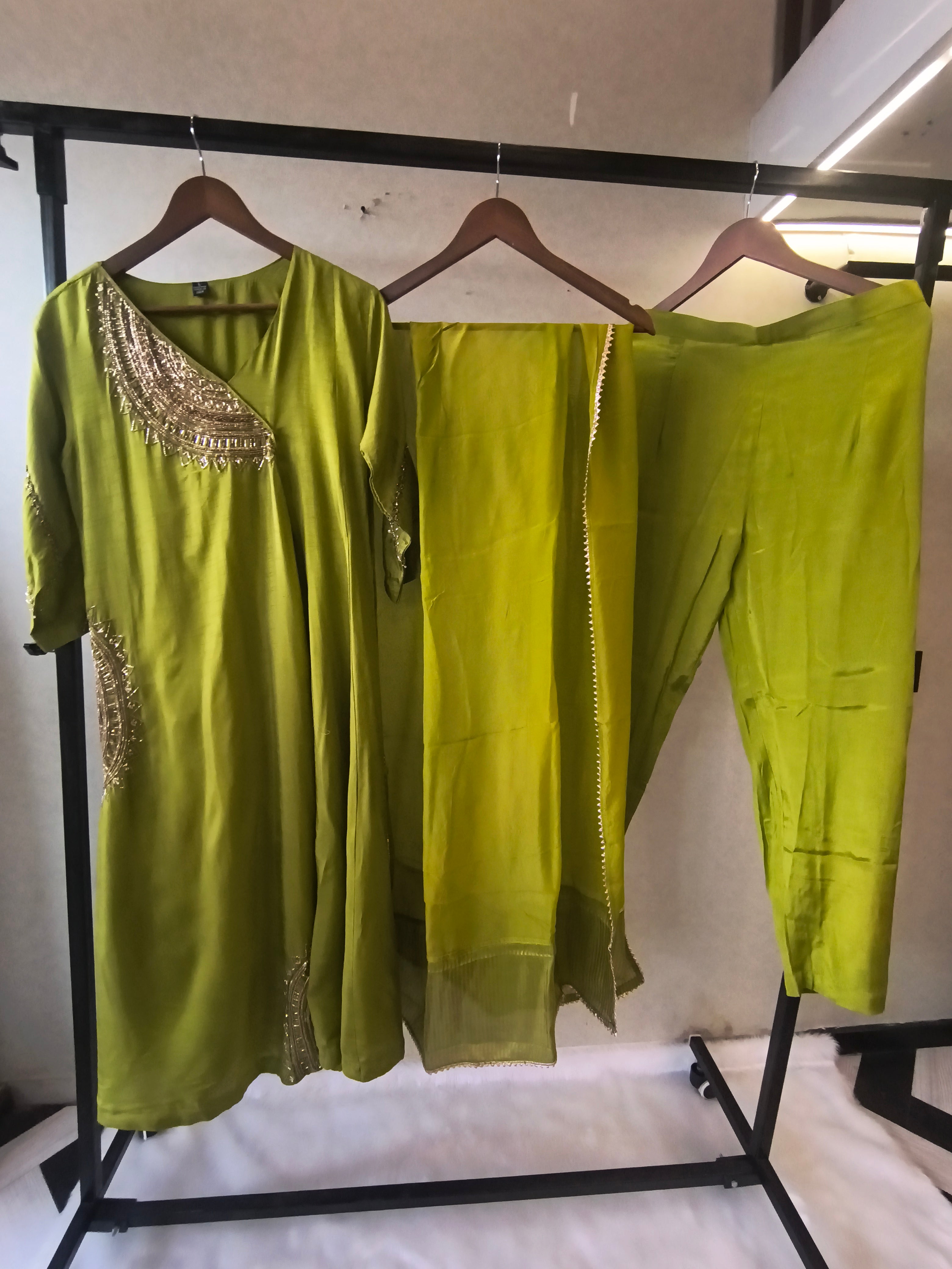 Image of Lime Green Hand-Embroidered Designer Kurta Set with Organza Dupatta | Premium 3 Piece Ethnic Suit