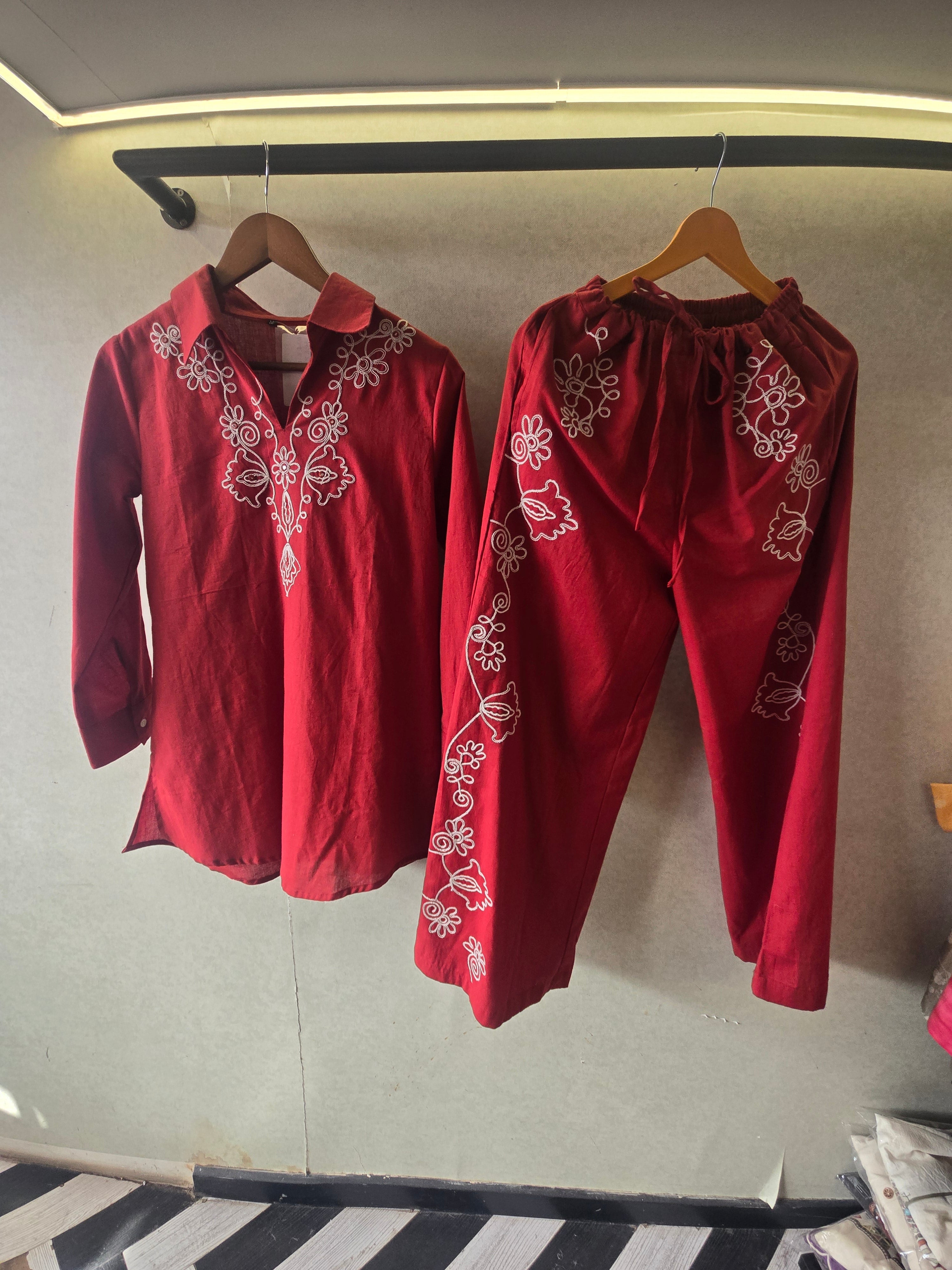 Image of Ruby Red Embroidered Co-Ord Set