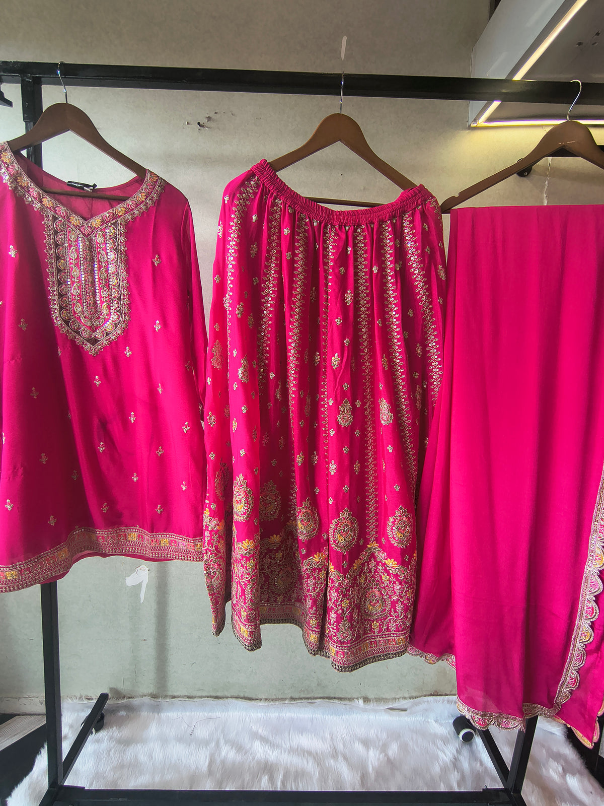 Rani Pink Embroidered Kurta Sharara Set with Scalloped Dupatta – Premium 3 Piece Festive Ensemble