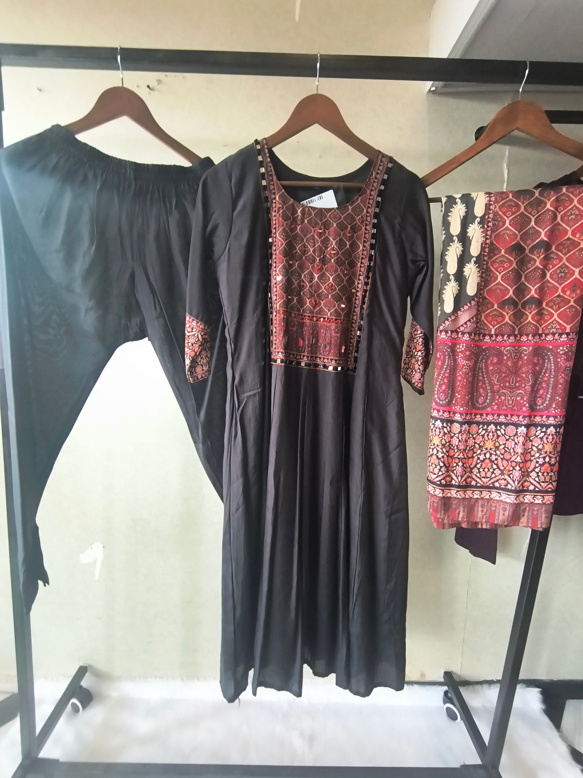 Premium Black Printed Anarkali Kurta Set with Ethnic Yoke, Solid Pants & Designer Dupatta
