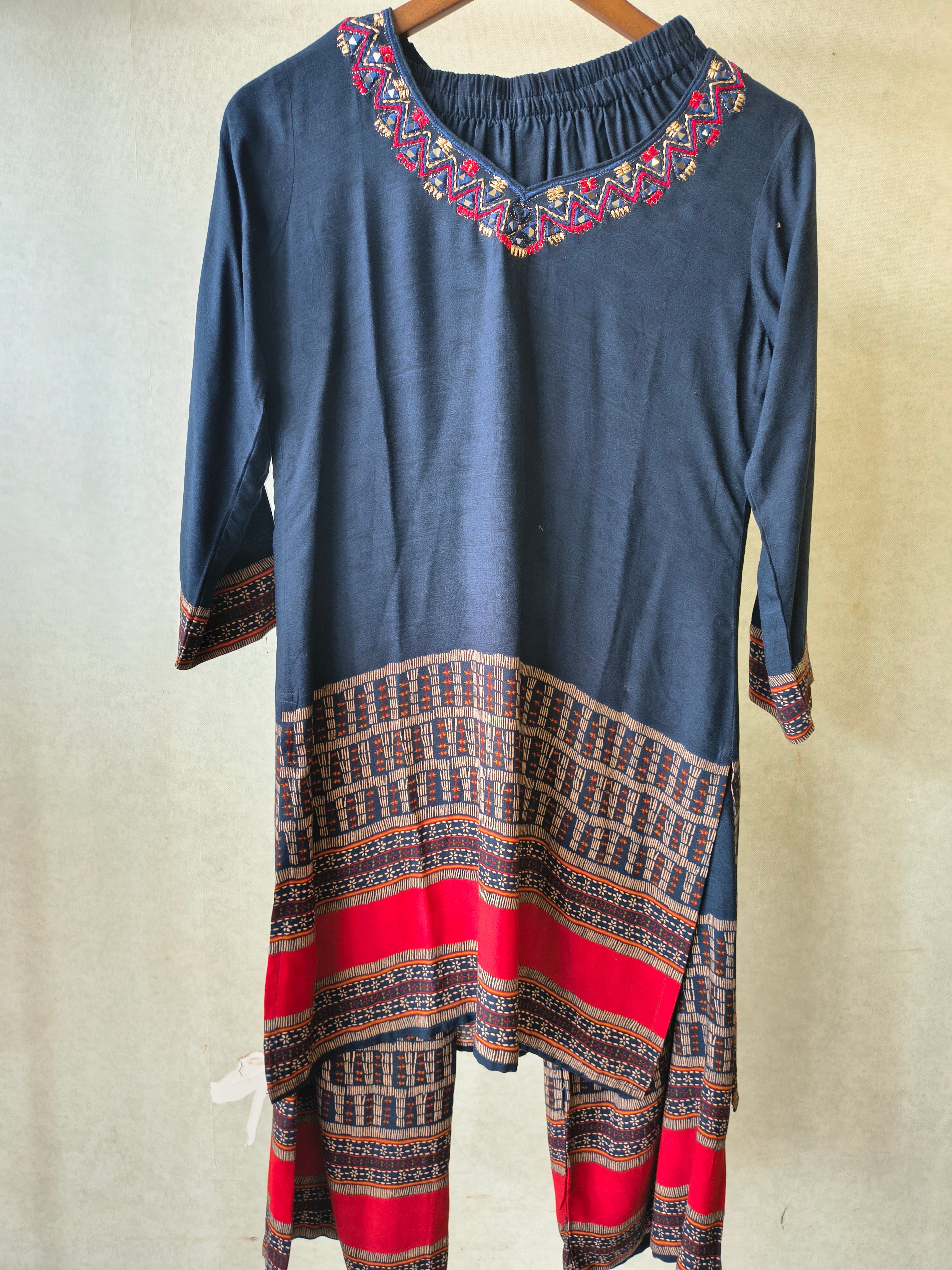 Image of Navy Blue Ethnic Border Designer Co-Ord Set with Embroidered Neckline