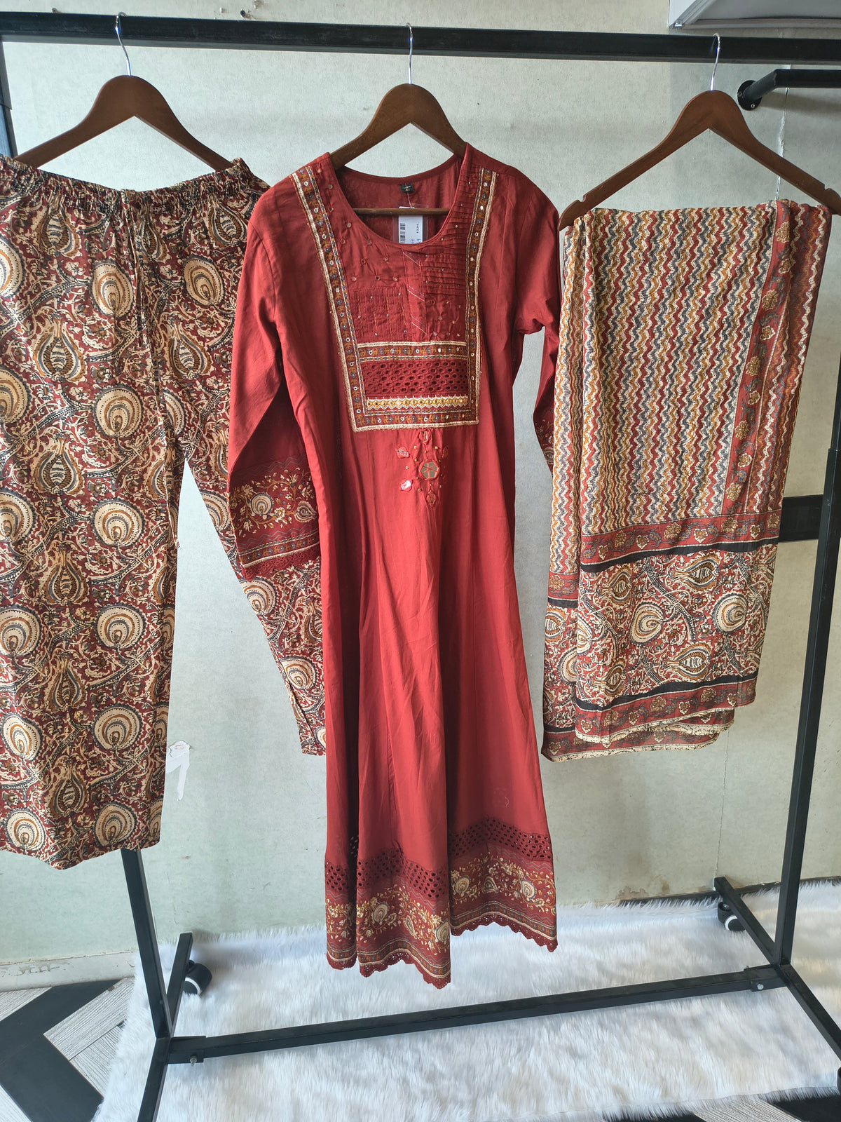 Rust Red Embroidered Three-Piece Kurta Set with Printed Pant & Designer Dupatta