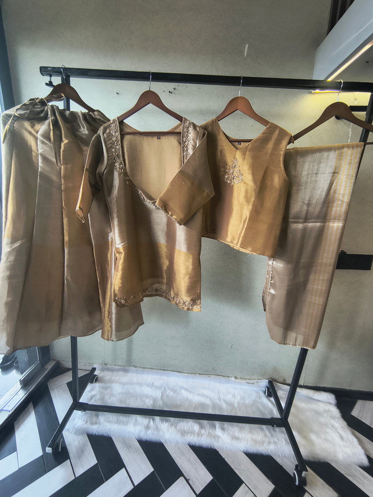 Champagne Gold Tissue Silk Embroidered Layered Kurta with Inner, Palazzo & Woven Dupatta – 4 Piece Designer Festive Set