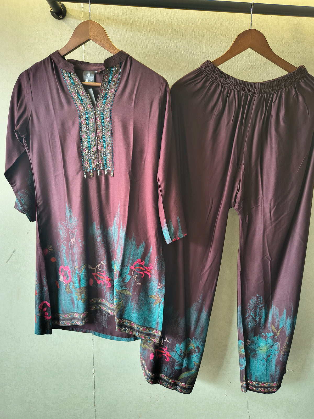 Wine Embellished Premium Silk Co-Ord Set