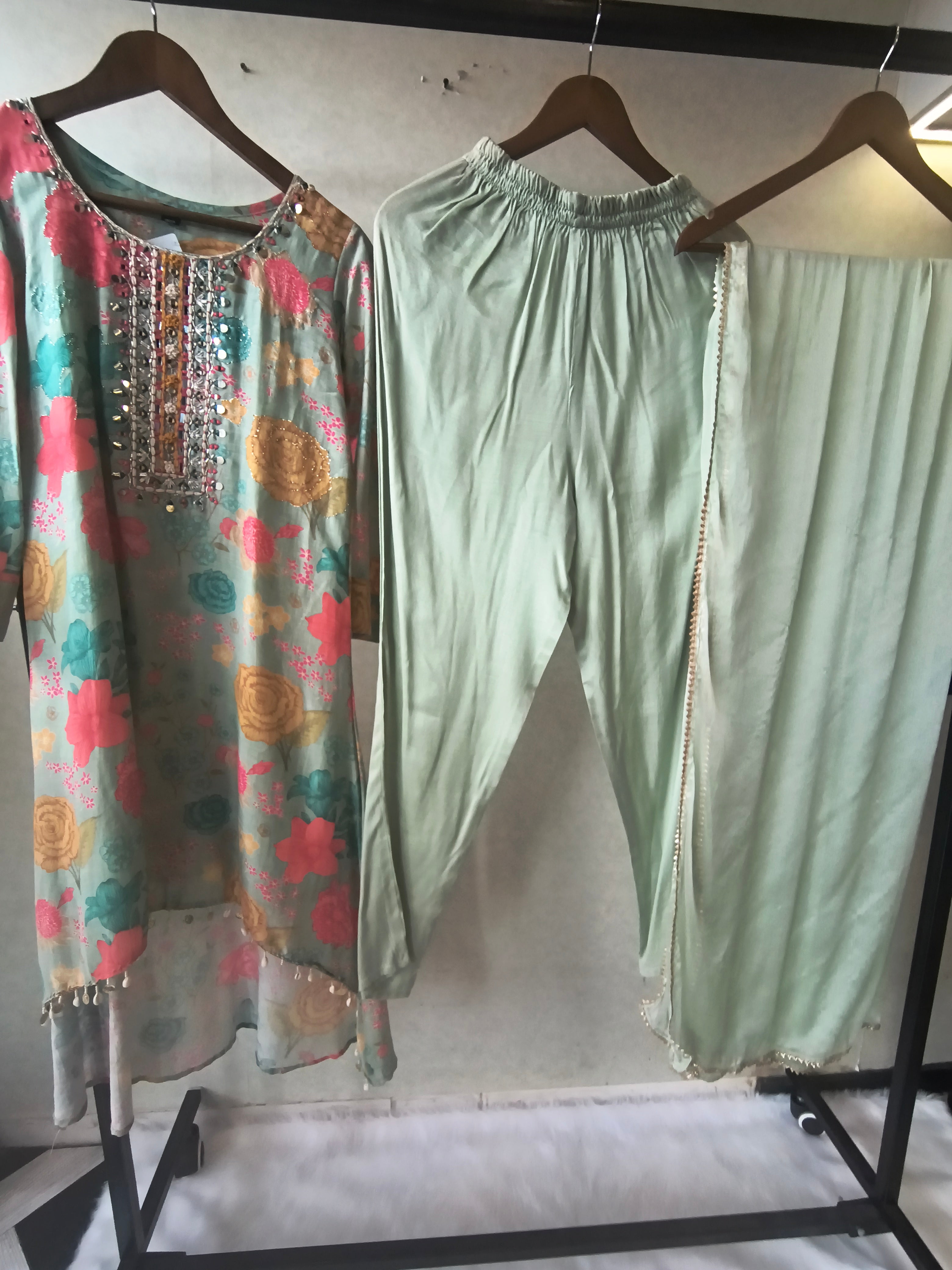 Image of Premium Mint Green Floral Printed Kurta Set with Embellished Neckline & Dupatta
