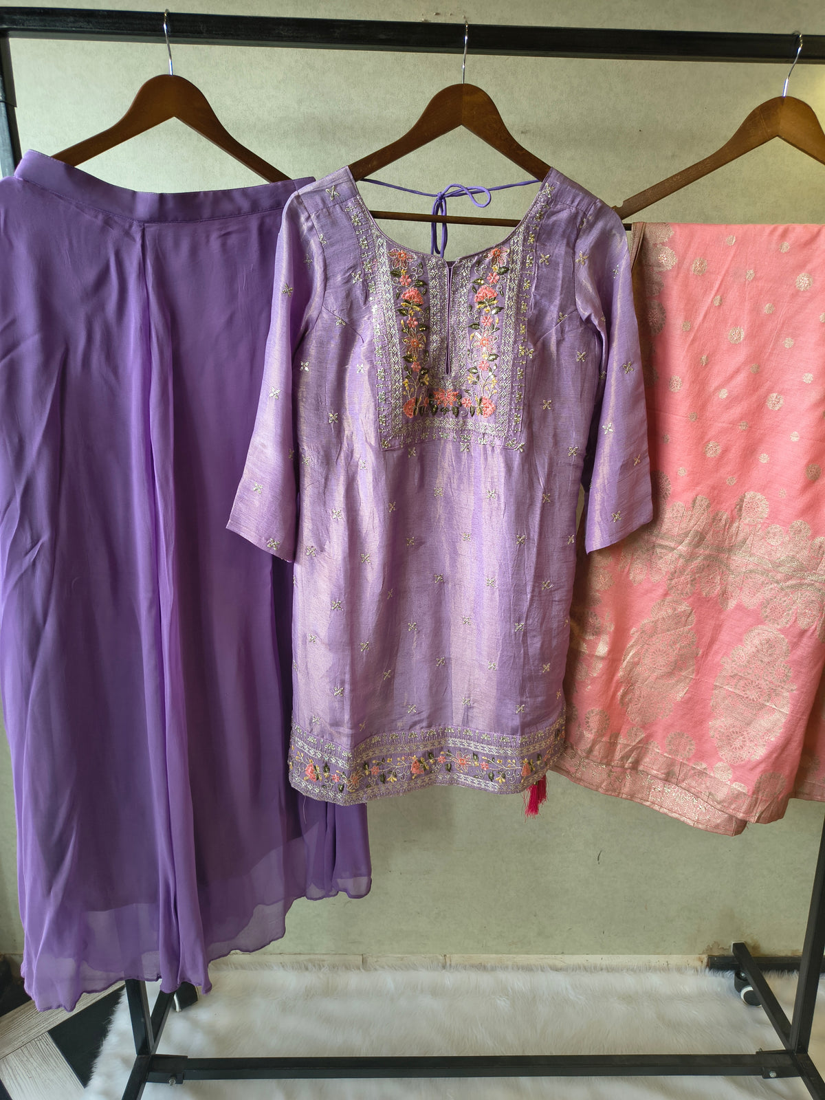 Premium Lavender Embroidered Kurta with Sharara & Banarasi Dupatta Set