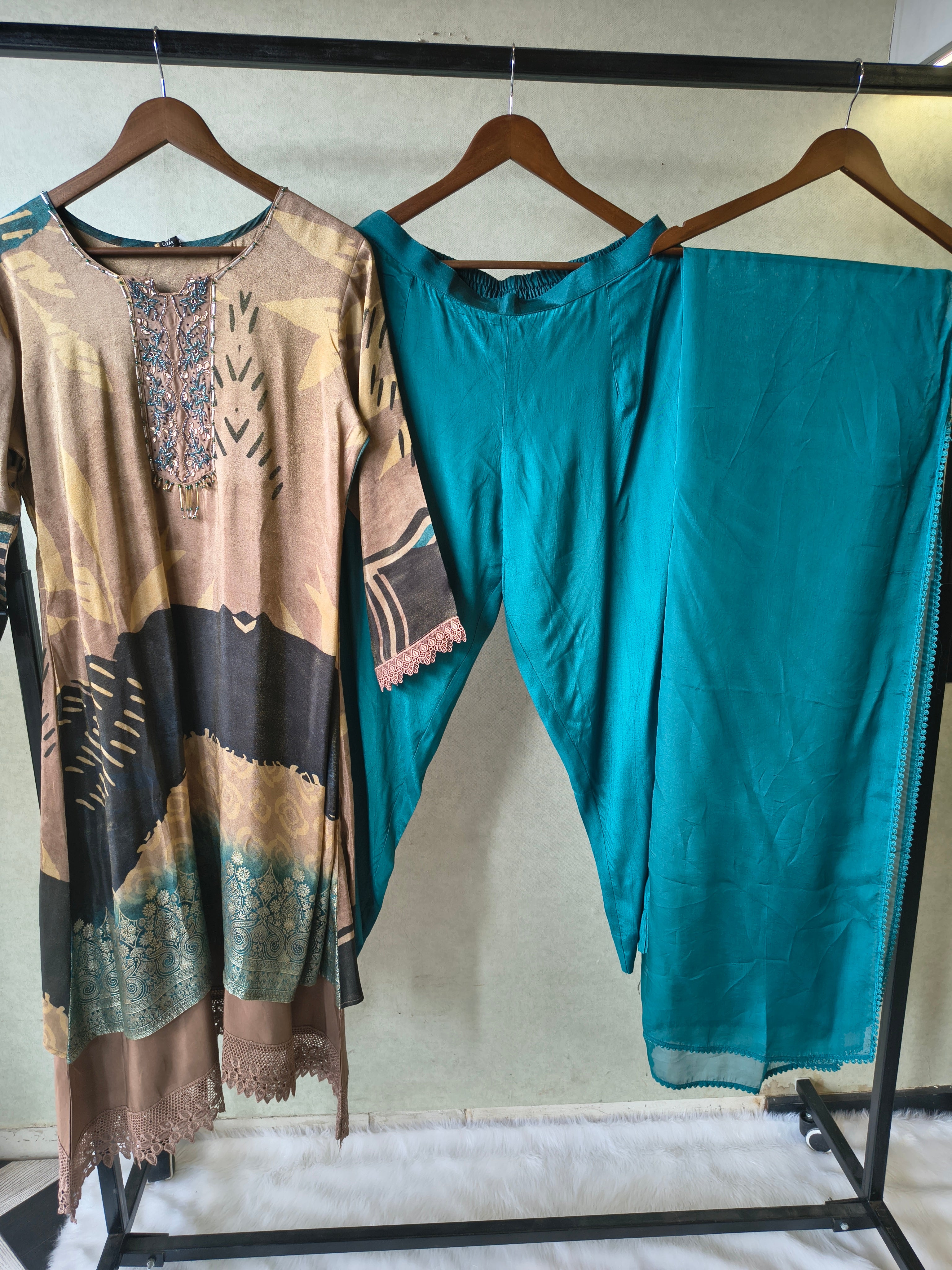 Image of Premium Abstract Print Straight Kurta with Cigarette Pants & Dupatta Set
