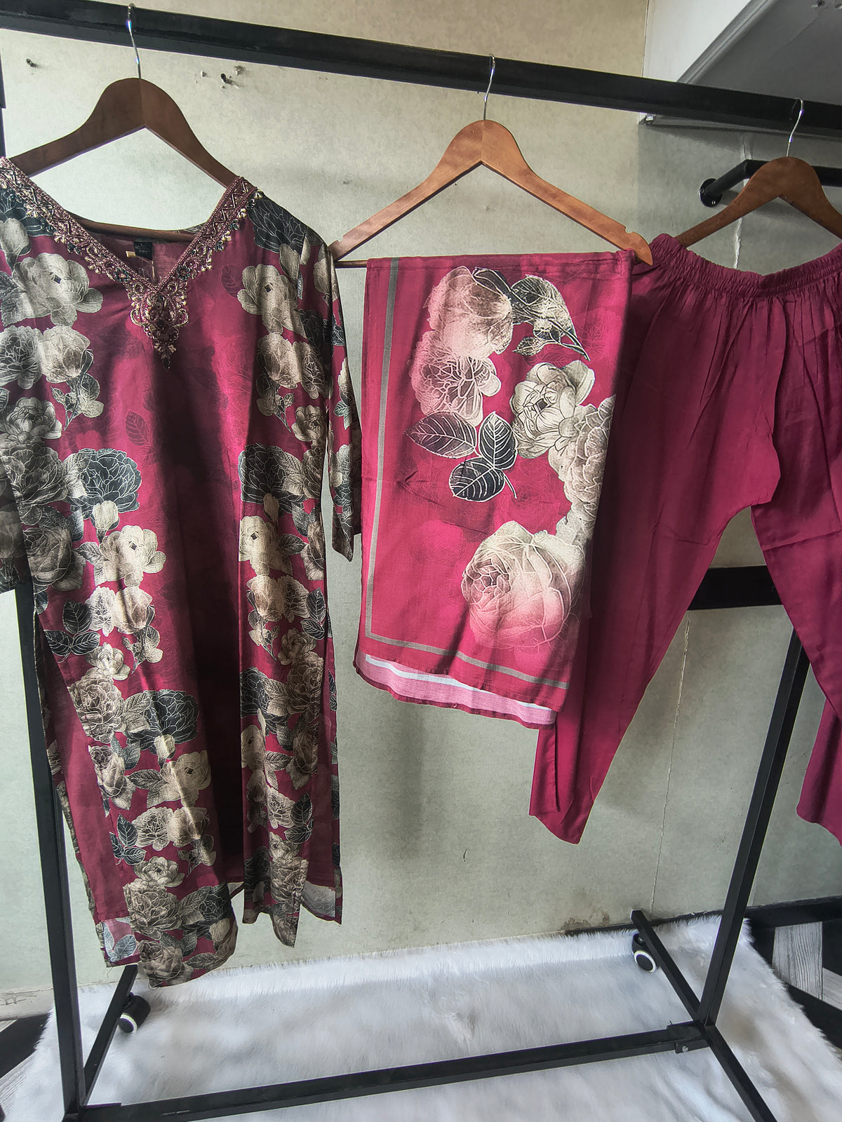 Premium Wine Floral Printed Kurta Set with Solid Pants & Printed Dupatta