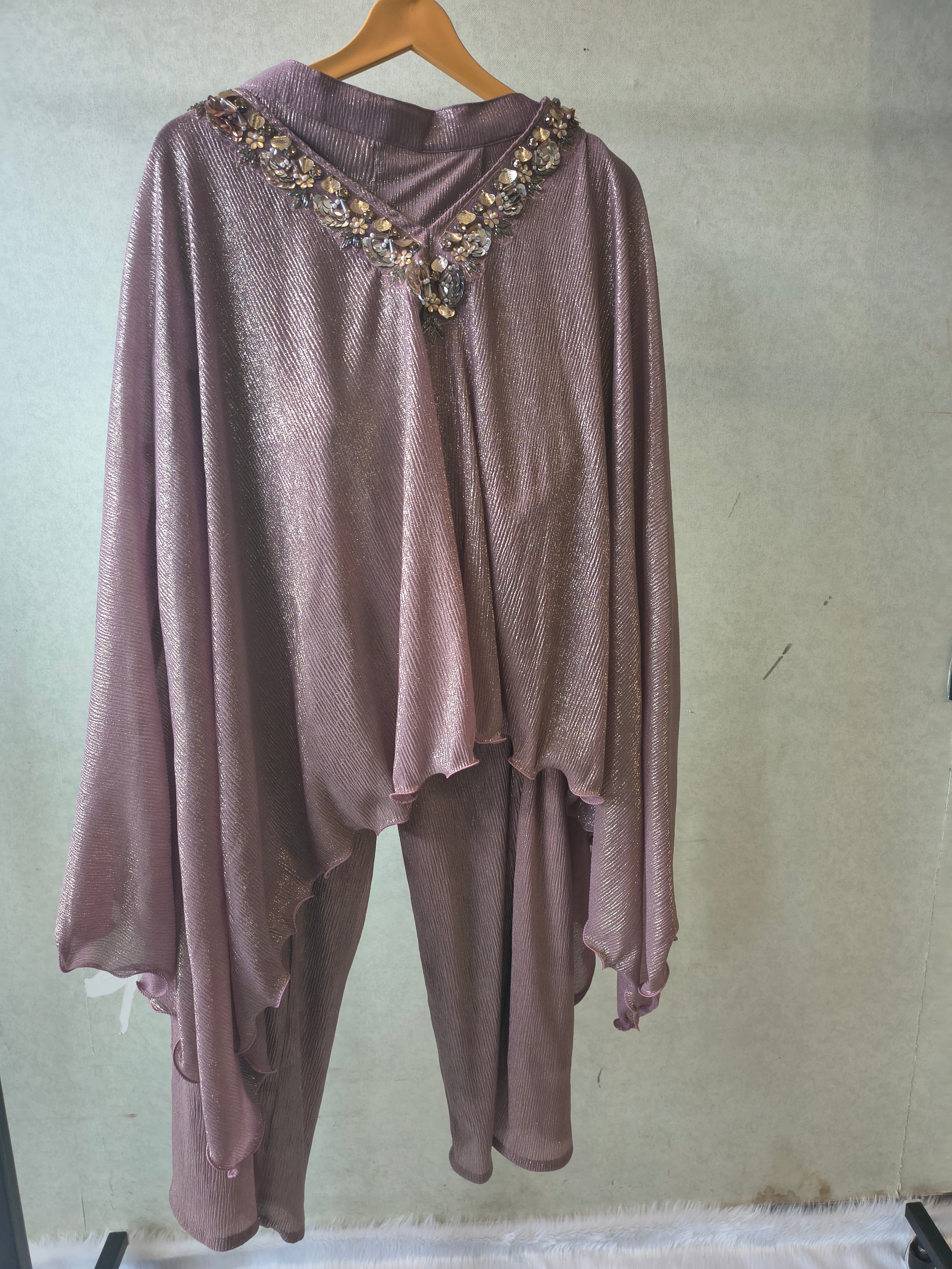 Image of Premium Rose Gold Shimmer Kaftan Co-Ord Set with Hand Embellished Cape & Straight Pants