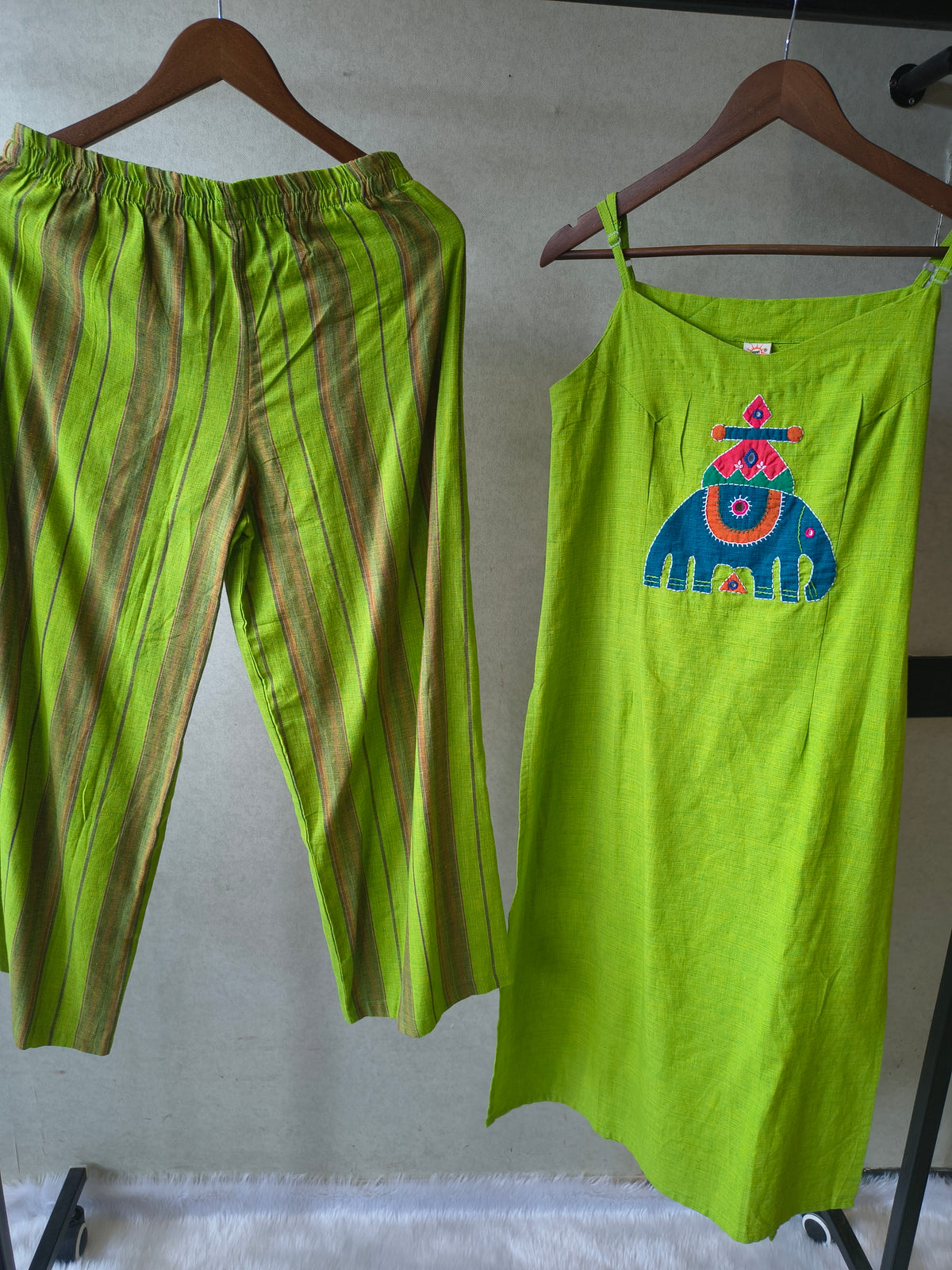 Lime Green Sleeveless Cotton Kurta Set with Tribal Elephant Appliqué & Striped Straight Pants