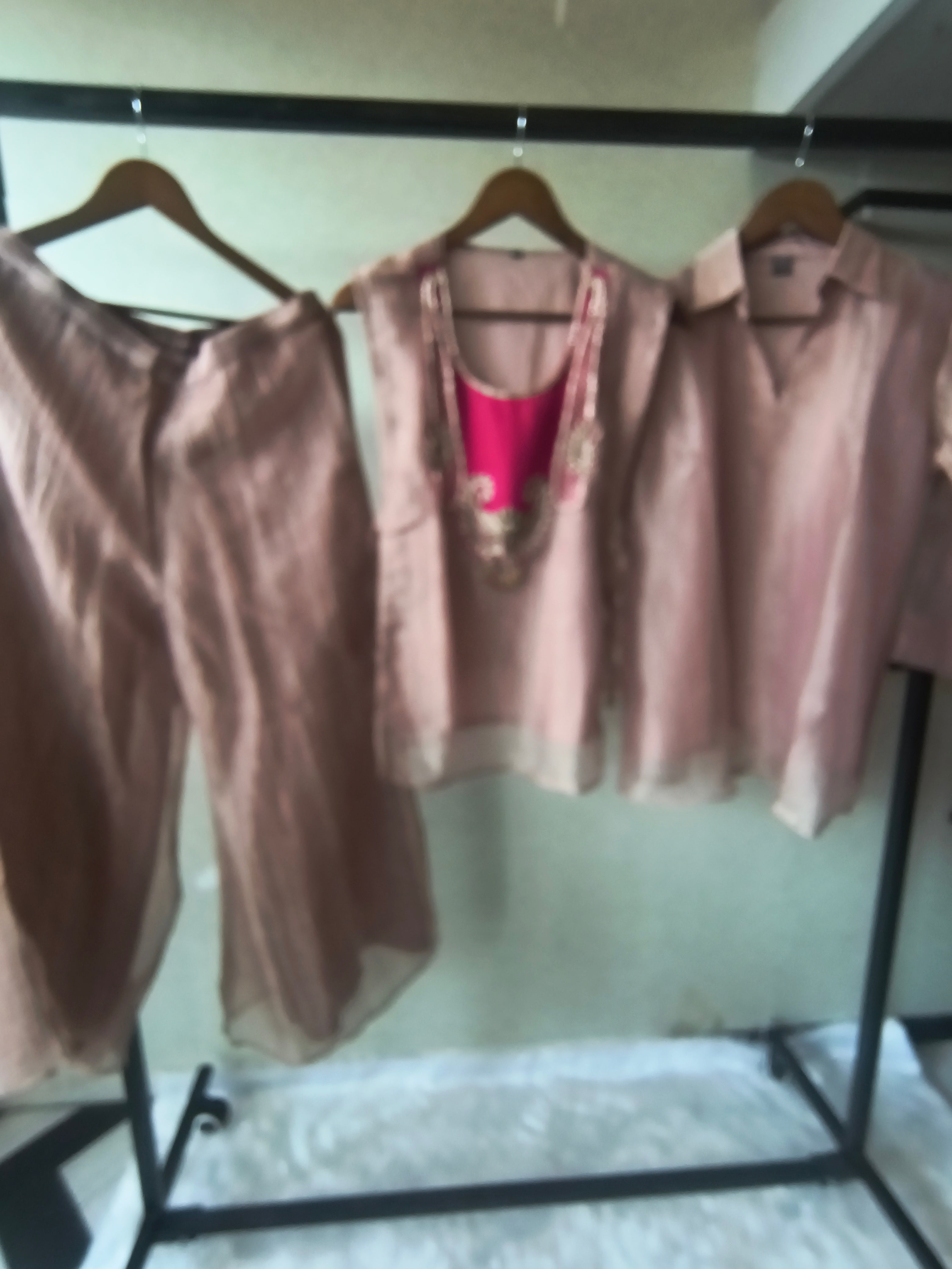 Image of Premium Rose Gold Tissue Silk 3-Piece Co-Ord Set with Hand Embellished Jacket, Inner & Palazzo