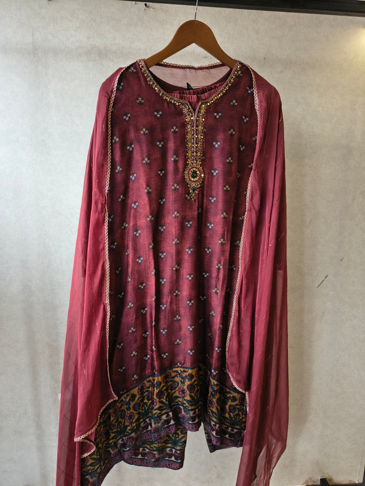 Premium Wine Floral Border Kurta with Straight Pants & Shimmer Dupatta Set