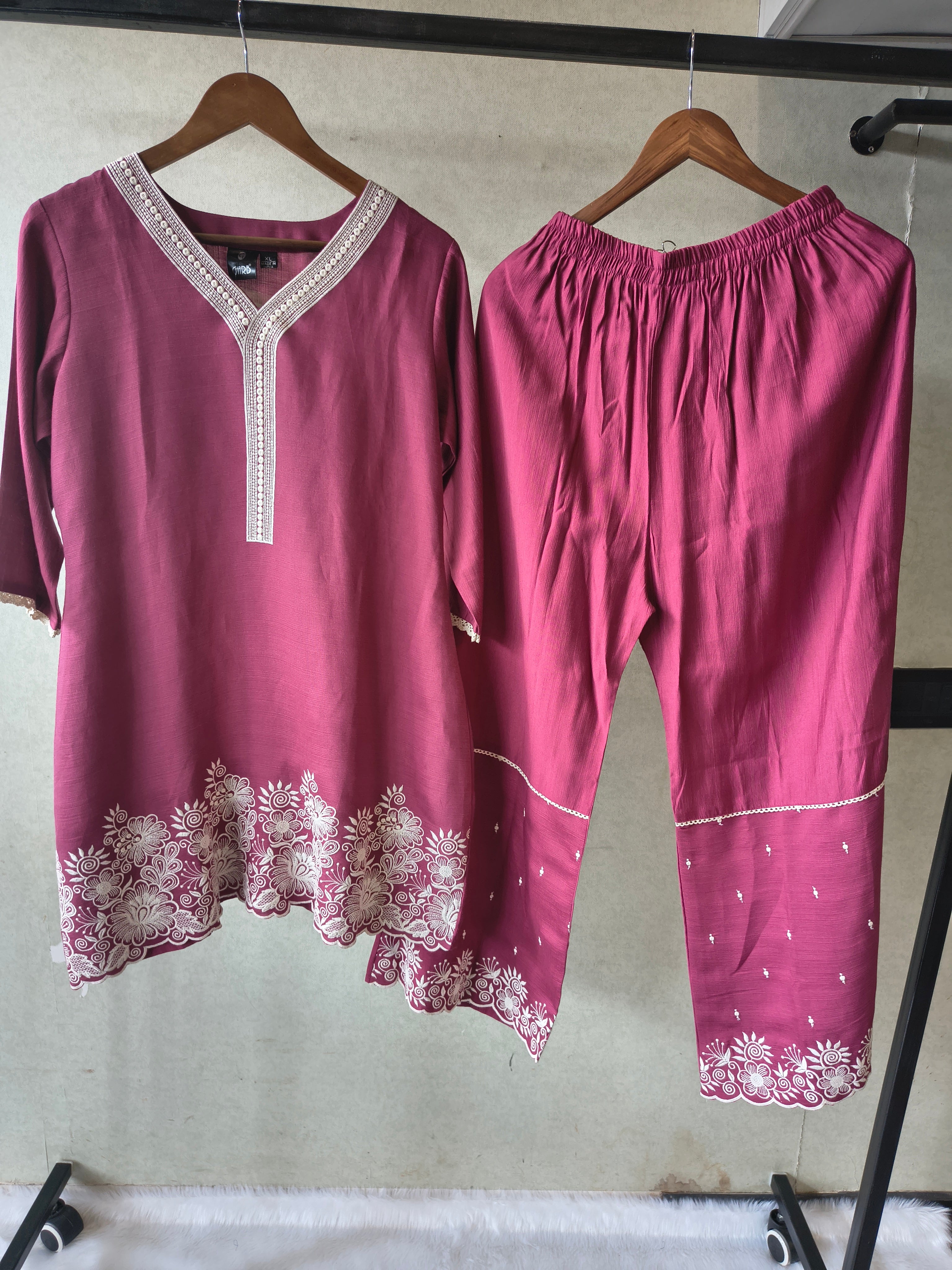 Image of Premium Wine Pink Embroidered Kurta Set with Matching Embroidered Palazzo & Dupatta