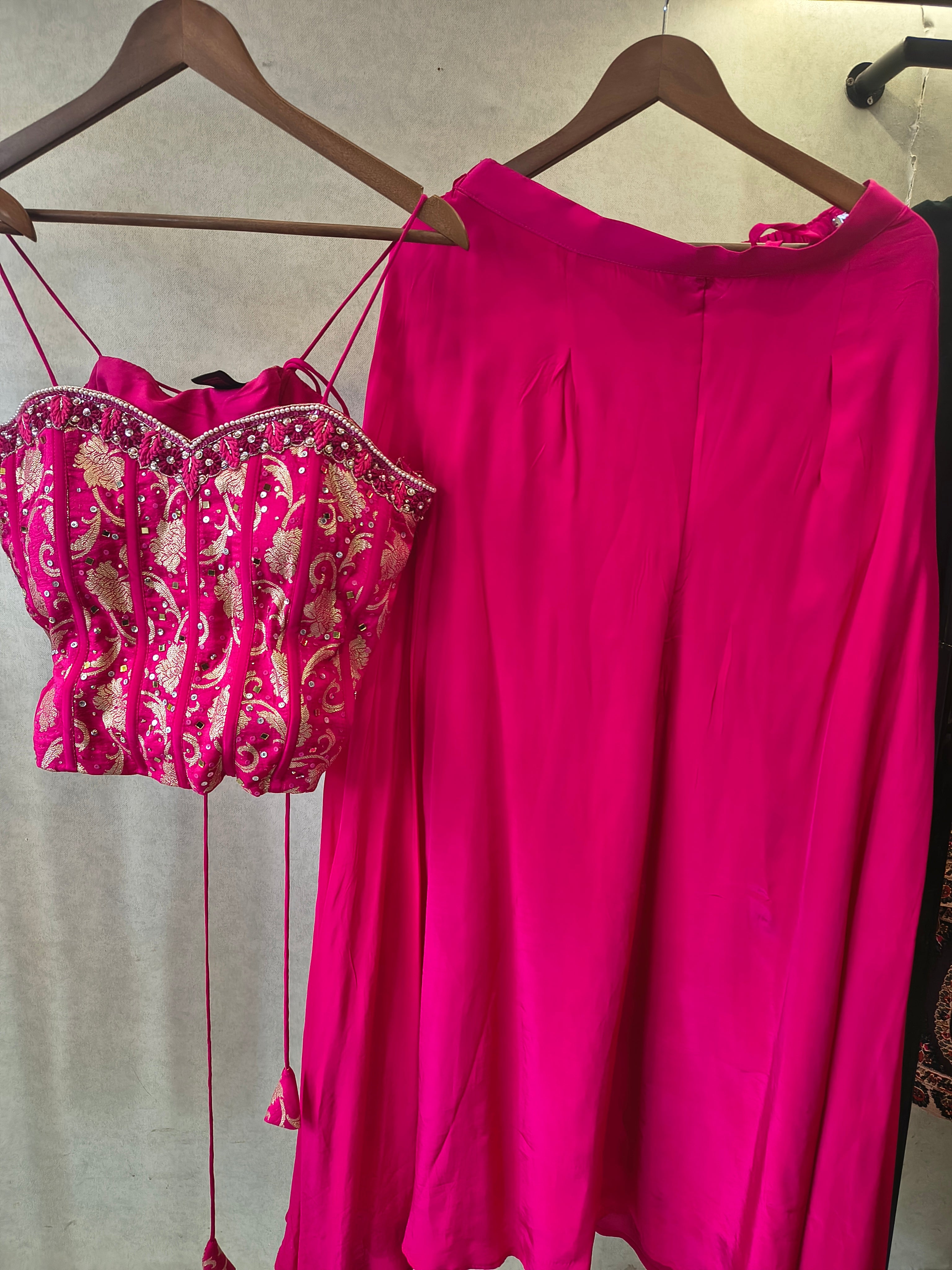 Image of Luxury Rani Pink Corset Blouse with Flared Palazzo & Embellished Choker Dupatta – 3 Piece Designer Indo-Western Set