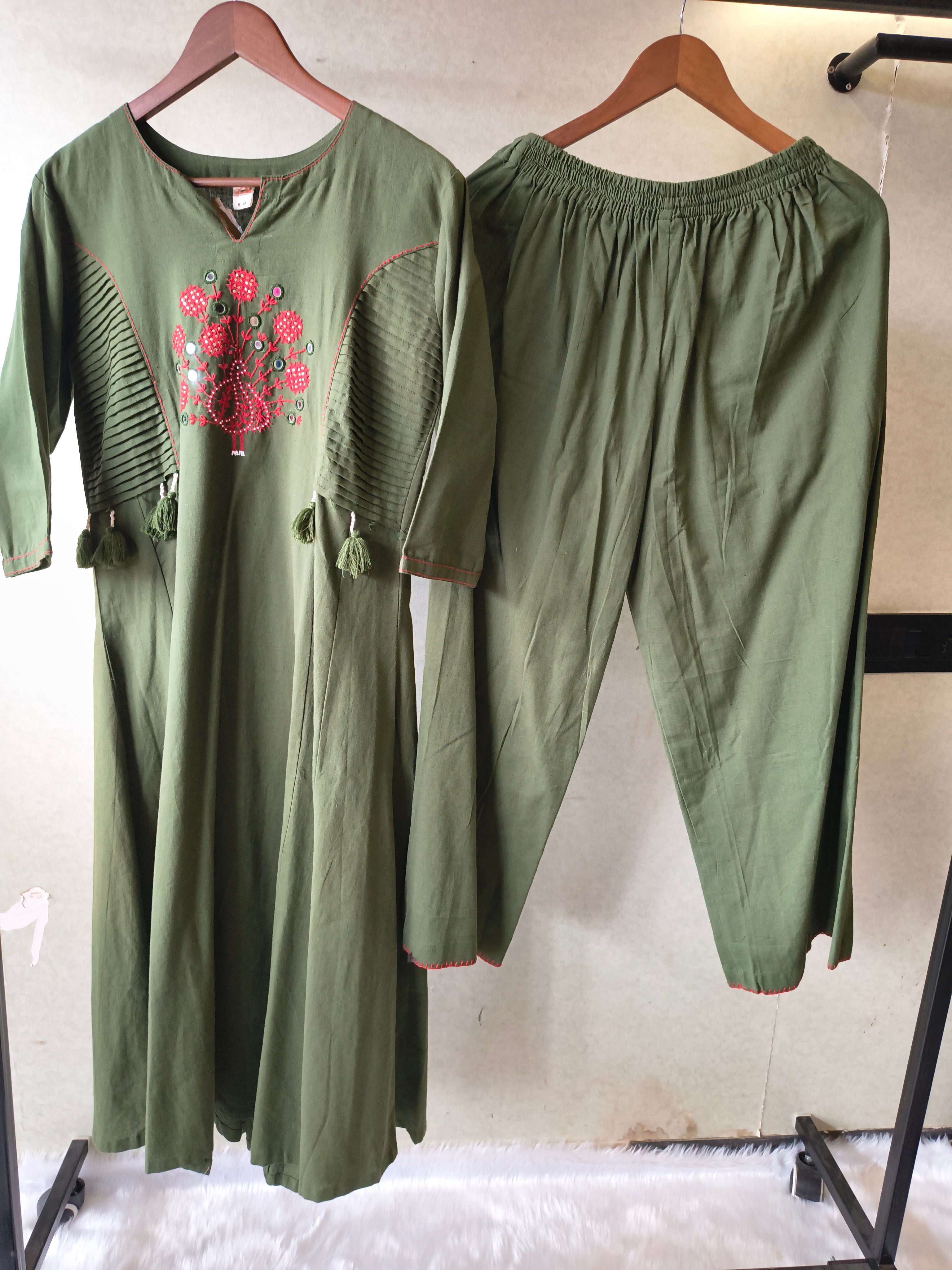 Image of Tadko Olive Green Embroidered Cotton Kurta & Pant Co-Ord Set