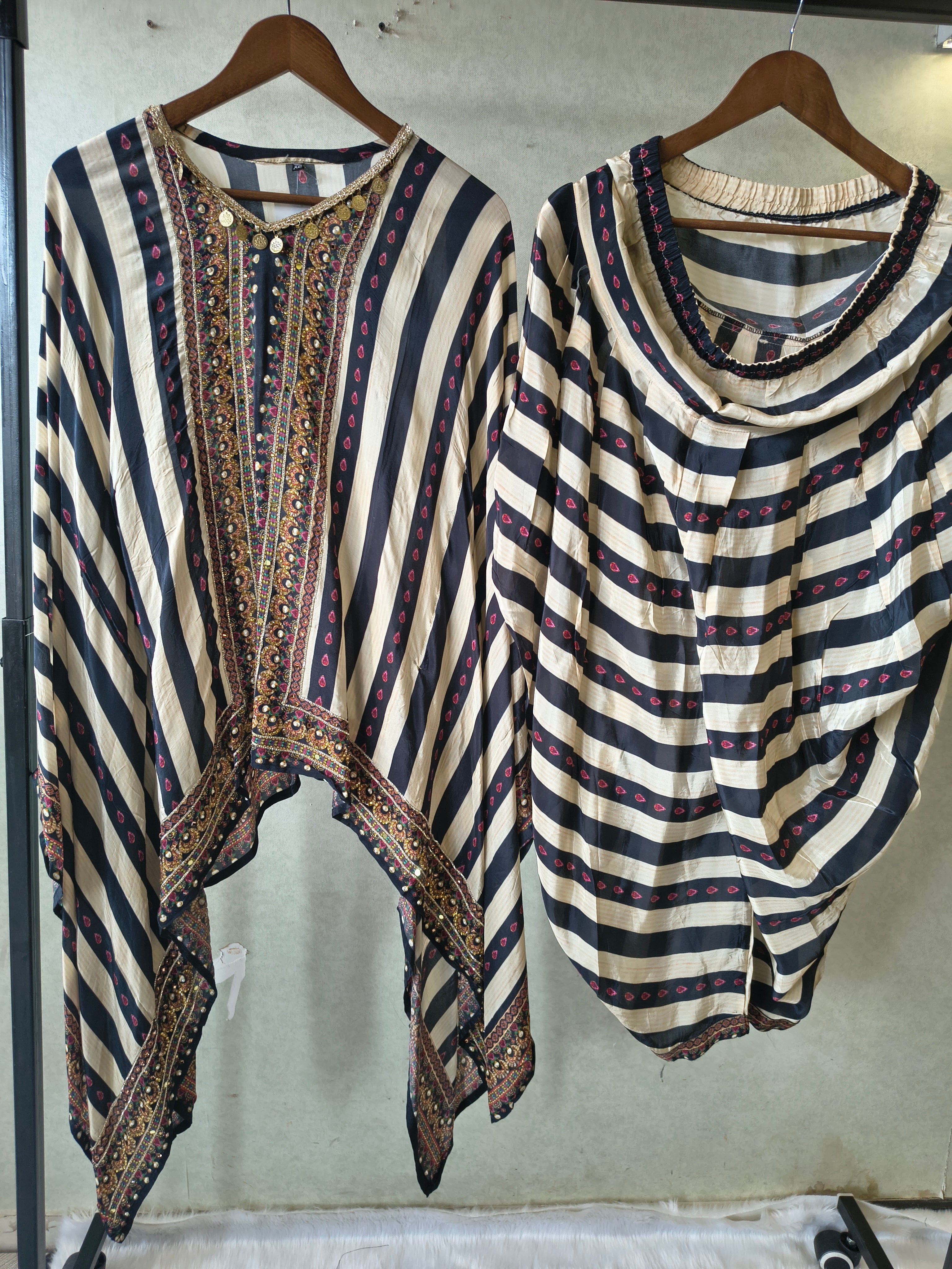 Image of Ivory & Navy Striped Designer Kaftan Co-Ord Set with Embroidered Neckline & Draped Silhouette