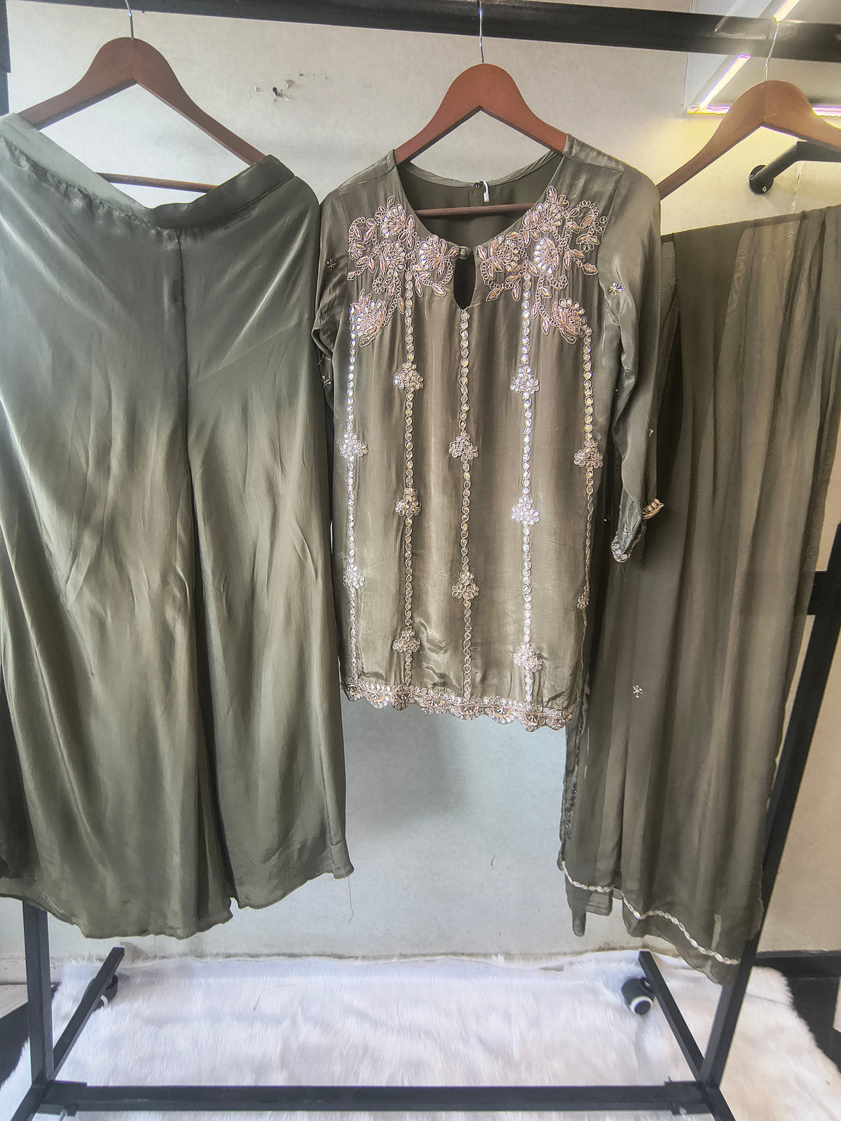 Olive Green Pearl & Mirror Embroidered Kurta Set with Flared Palazzo & Organza Dupatta – Designer 3 Piece Festive Ensemble
