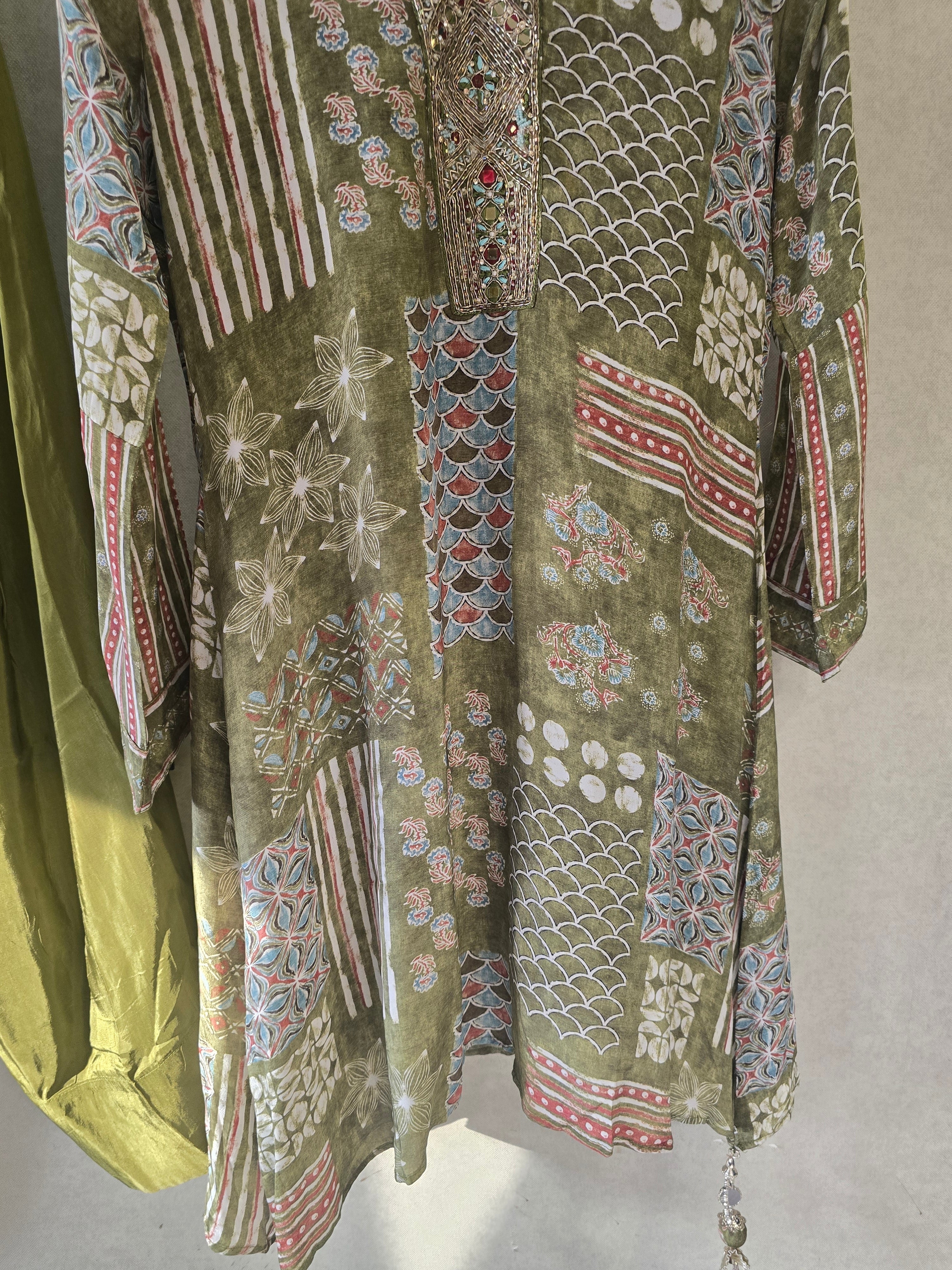 Image of Olive Patchwork Print Embroidered Co-Ord Set