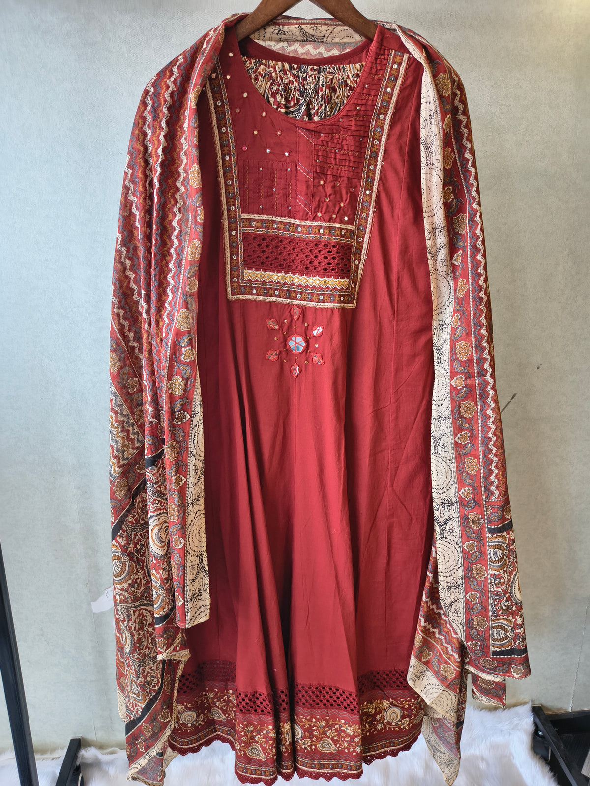 Rust Red Embroidered Three-Piece Kurta Set with Printed Pant & Designer Dupatta