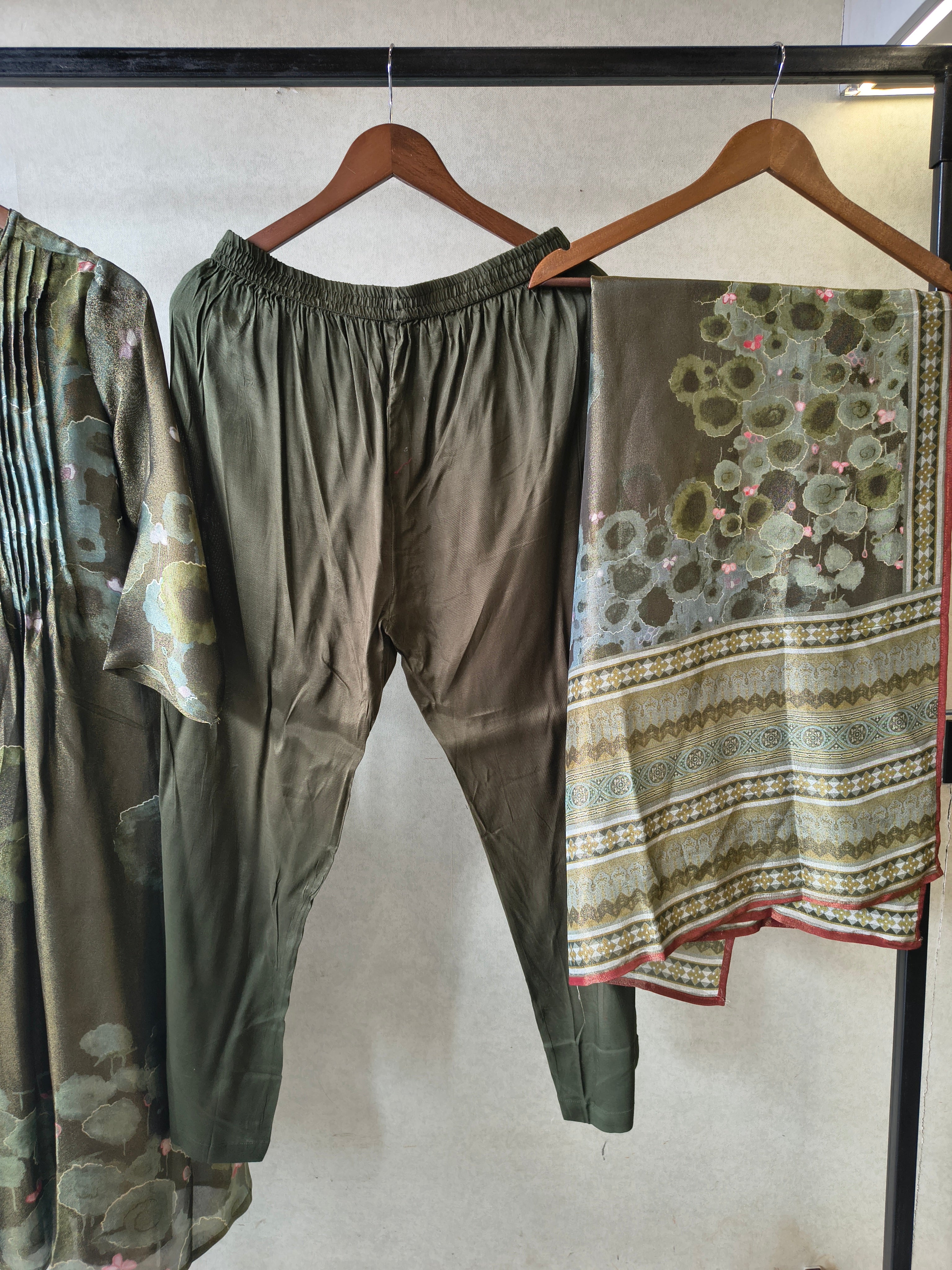Image of Premium Olive Green Abstract Printed A-Line Kurta Set with Dupatta