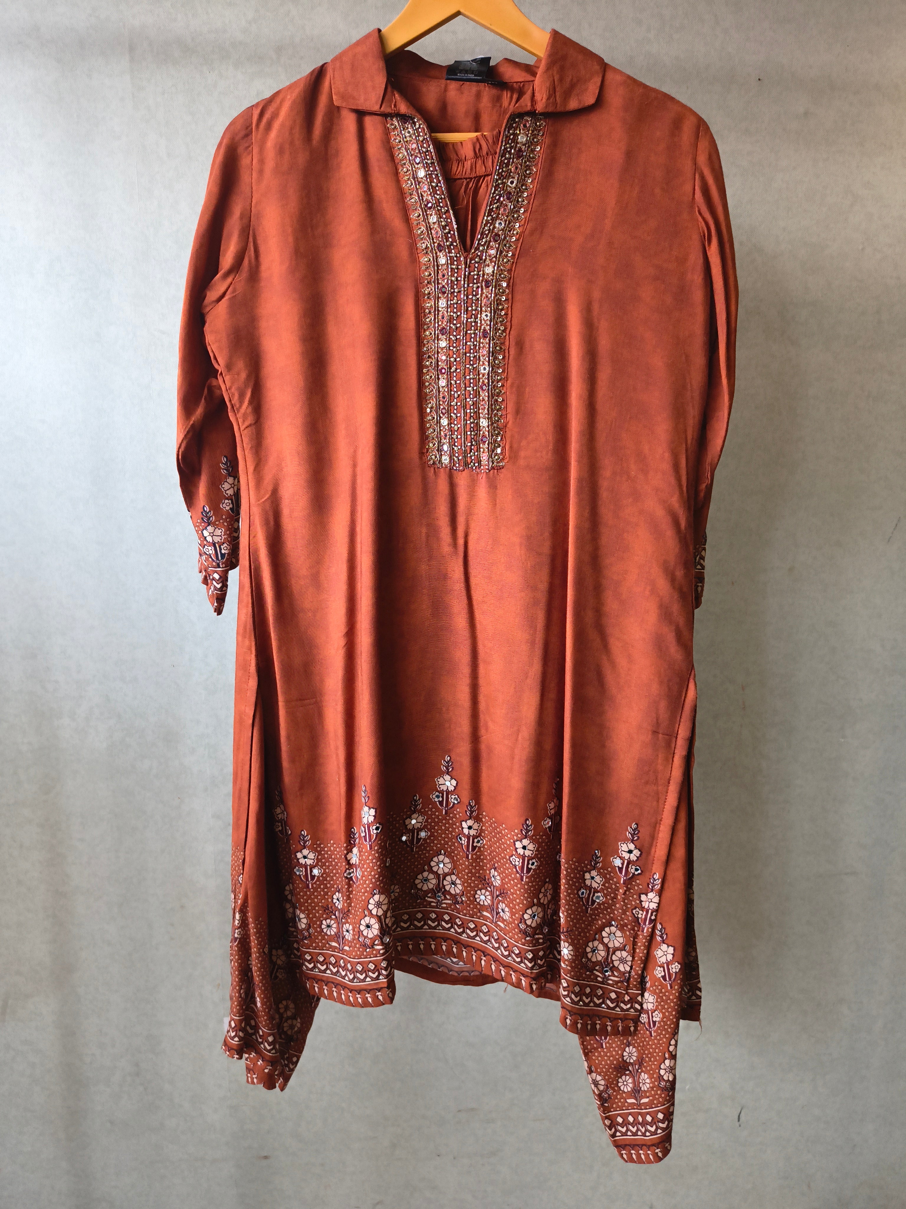 Image of Rust Brown Designer Ethnic Co-Ord Set with Embellished Neckline & Printed Borders