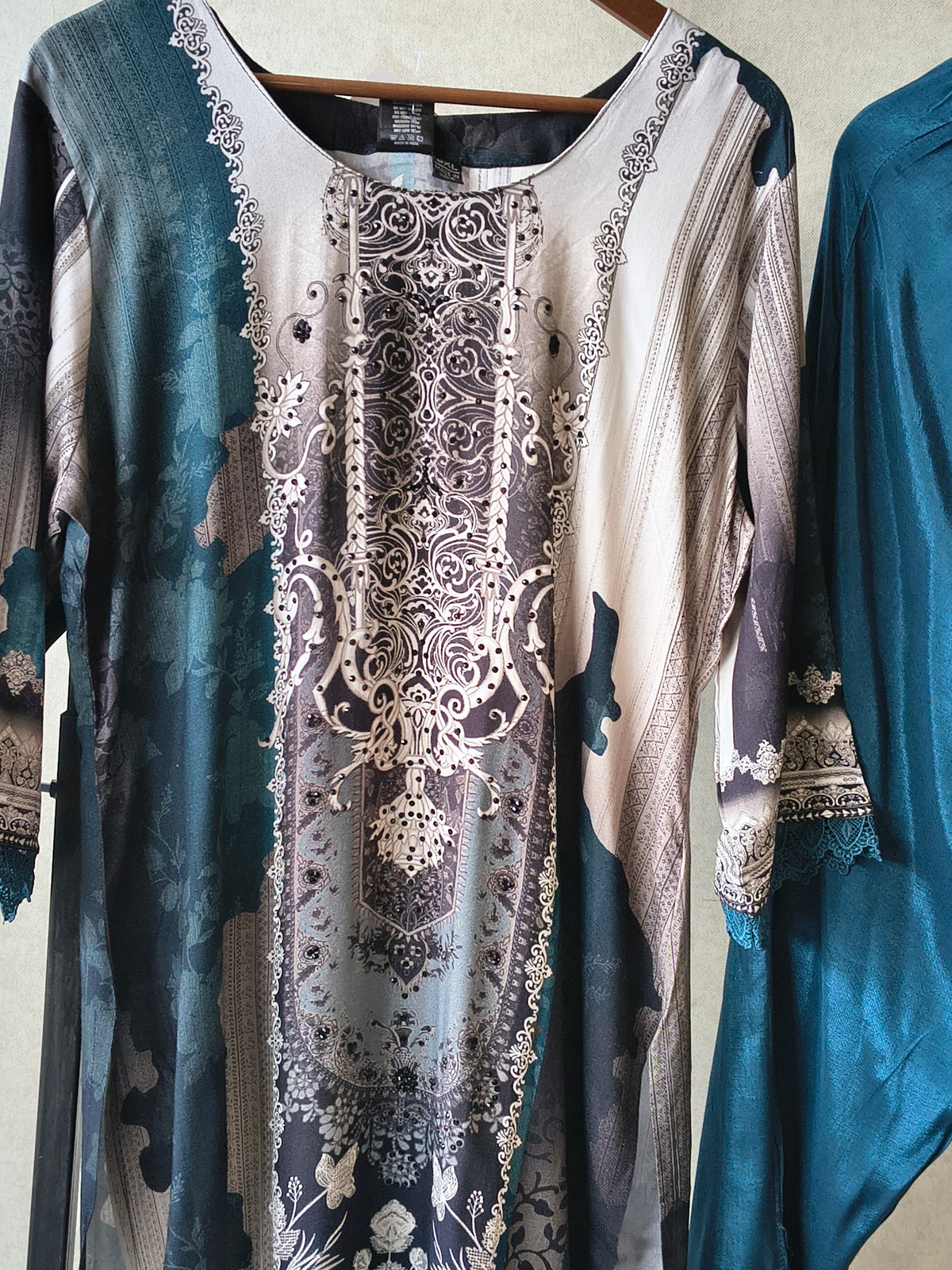 Premium Teal Blue Digital Printed Kurta Set with Solid Pants & Chiffon Dupatta