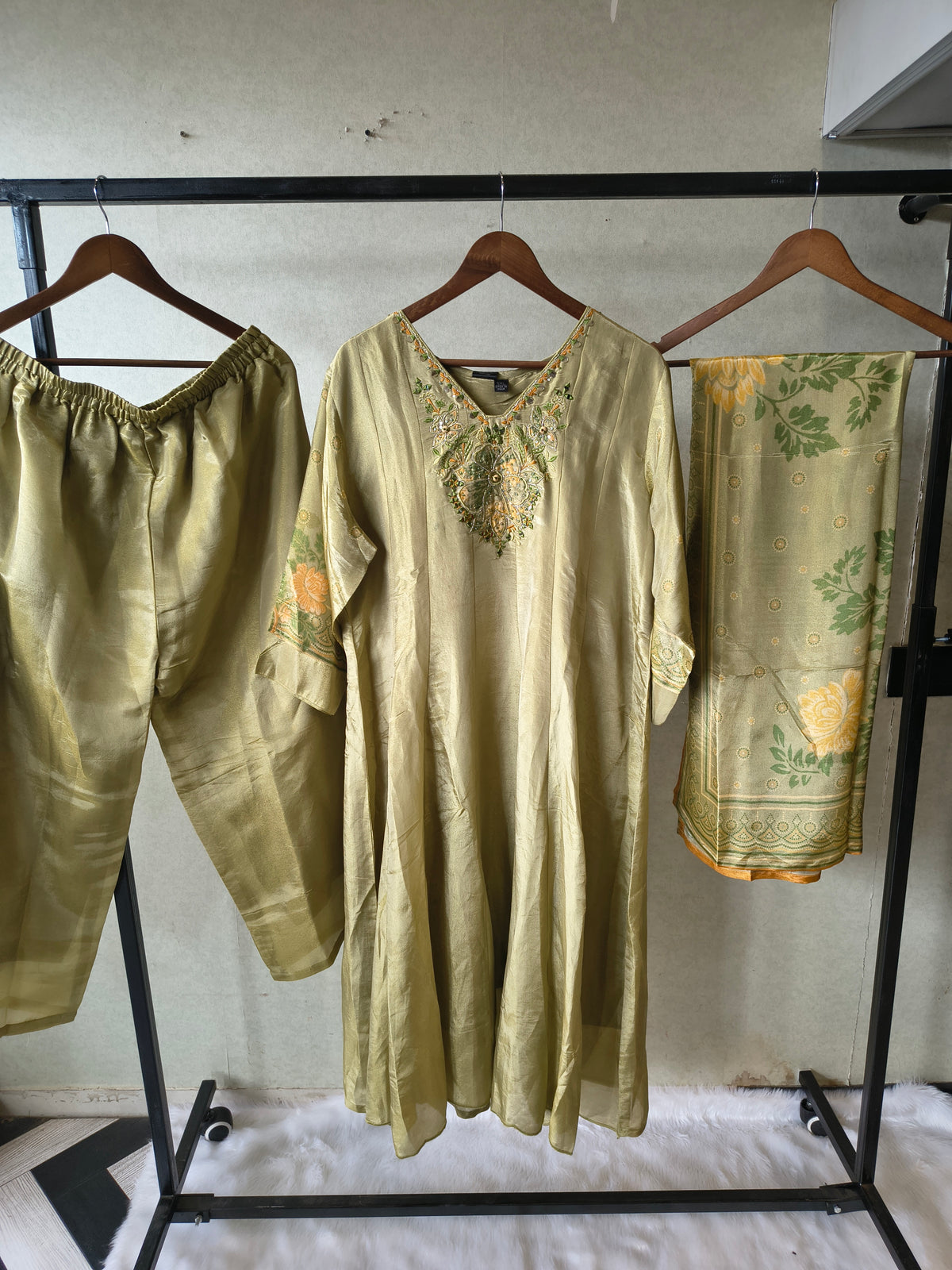 Premium Pistachio Green Embroidered Silk Kurta Set with Printed Dupatta
