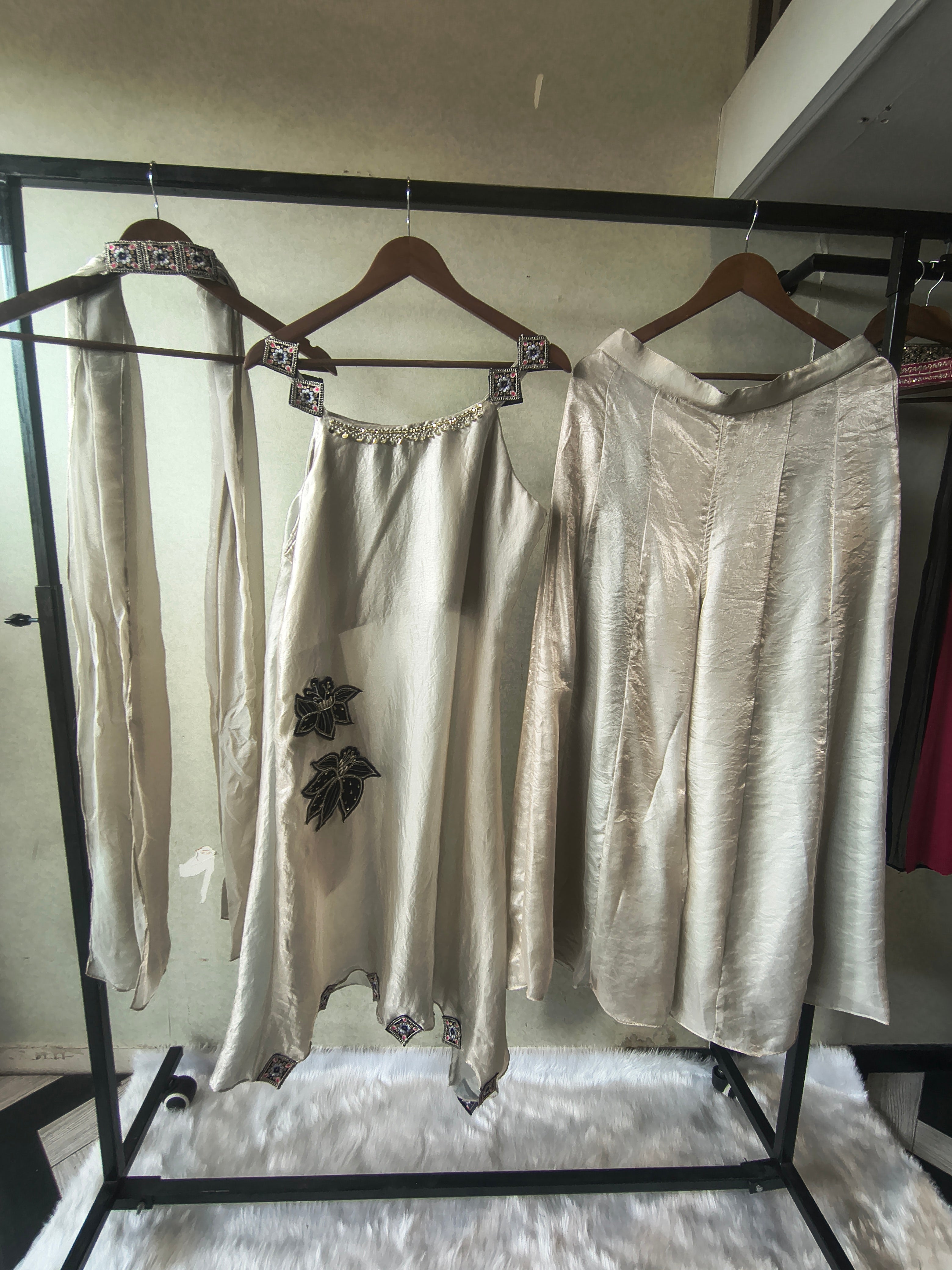 Image of Premium Ivory 3-Piece Designer Indo-Western Palazzo Set with Asymmetrical Embroidered Kurta & Statement Dupatta