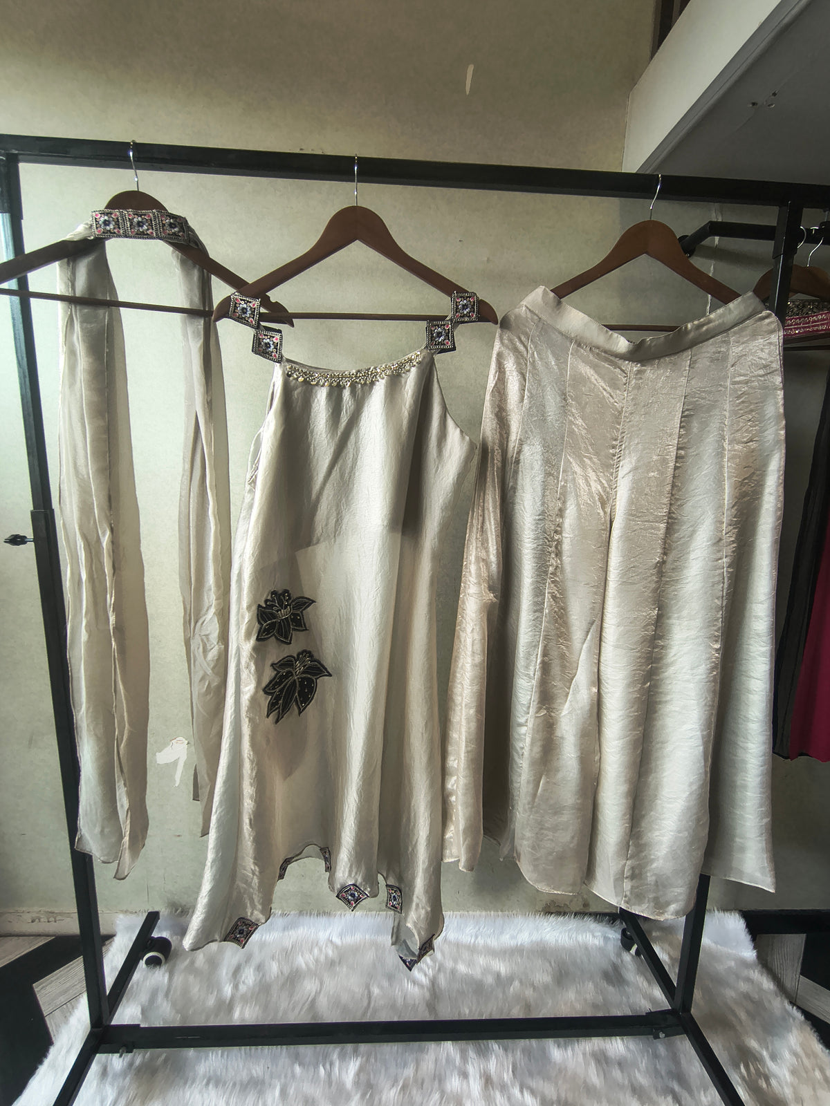 Premium Ivory 3-Piece Designer Indo-Western Palazzo Set with Asymmetrical Embroidered Kurta & Statement Dupatta