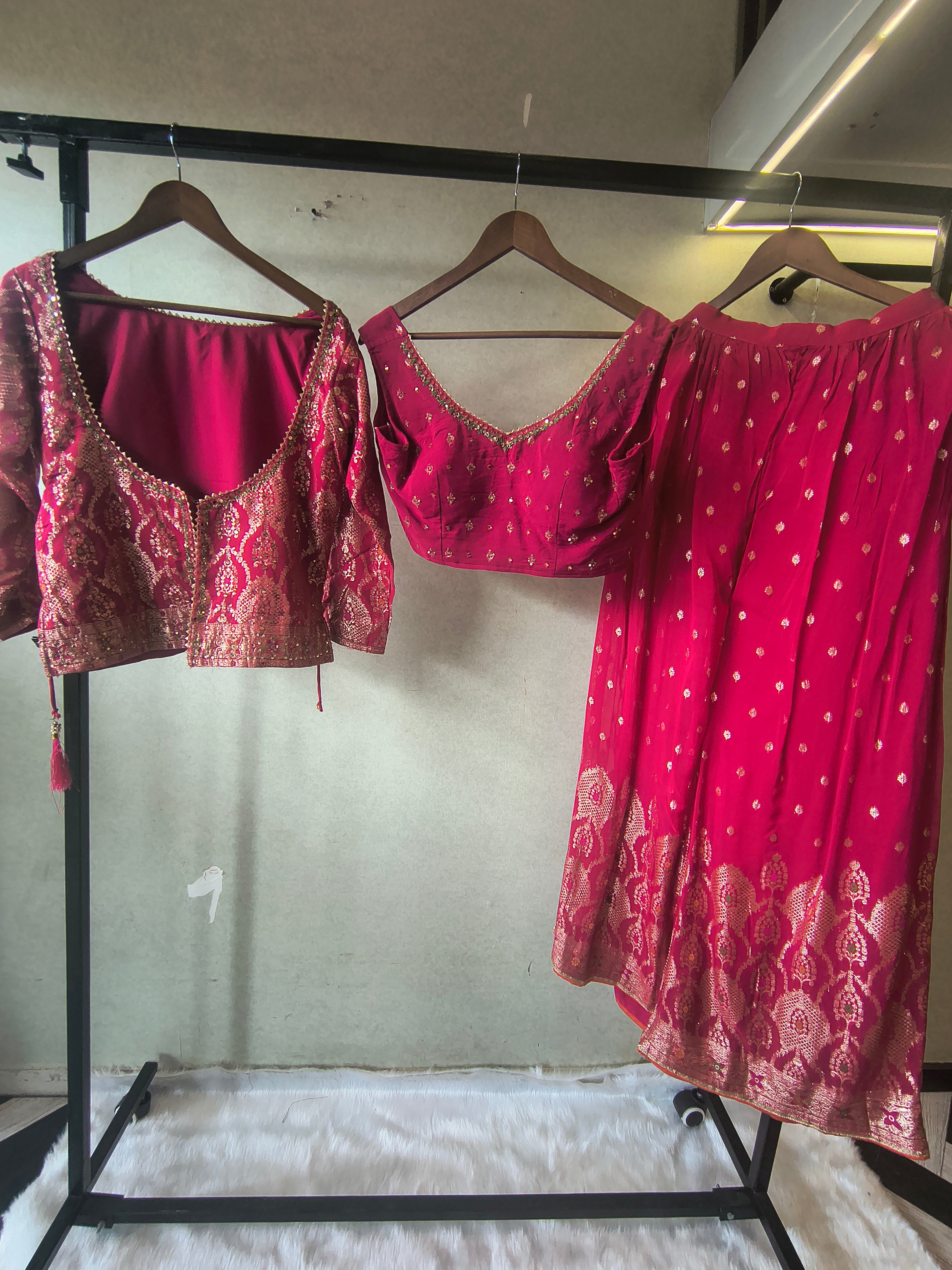 Image of Rani Pink Banarasi Lehenga Set with Dual Designer Blouses – Woven Festive Wedding Ensemble