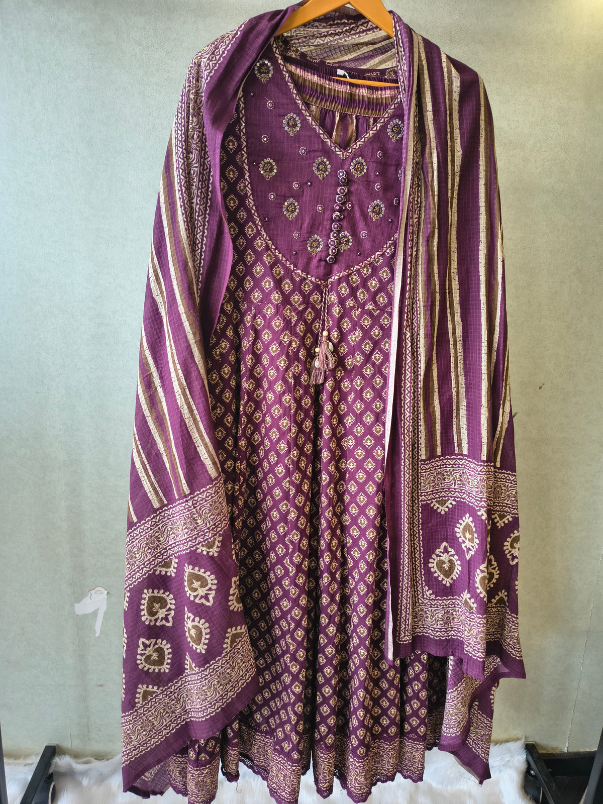 Plum Printed Cotton Anarkali Suit Set with Striped Pants & Dupatta