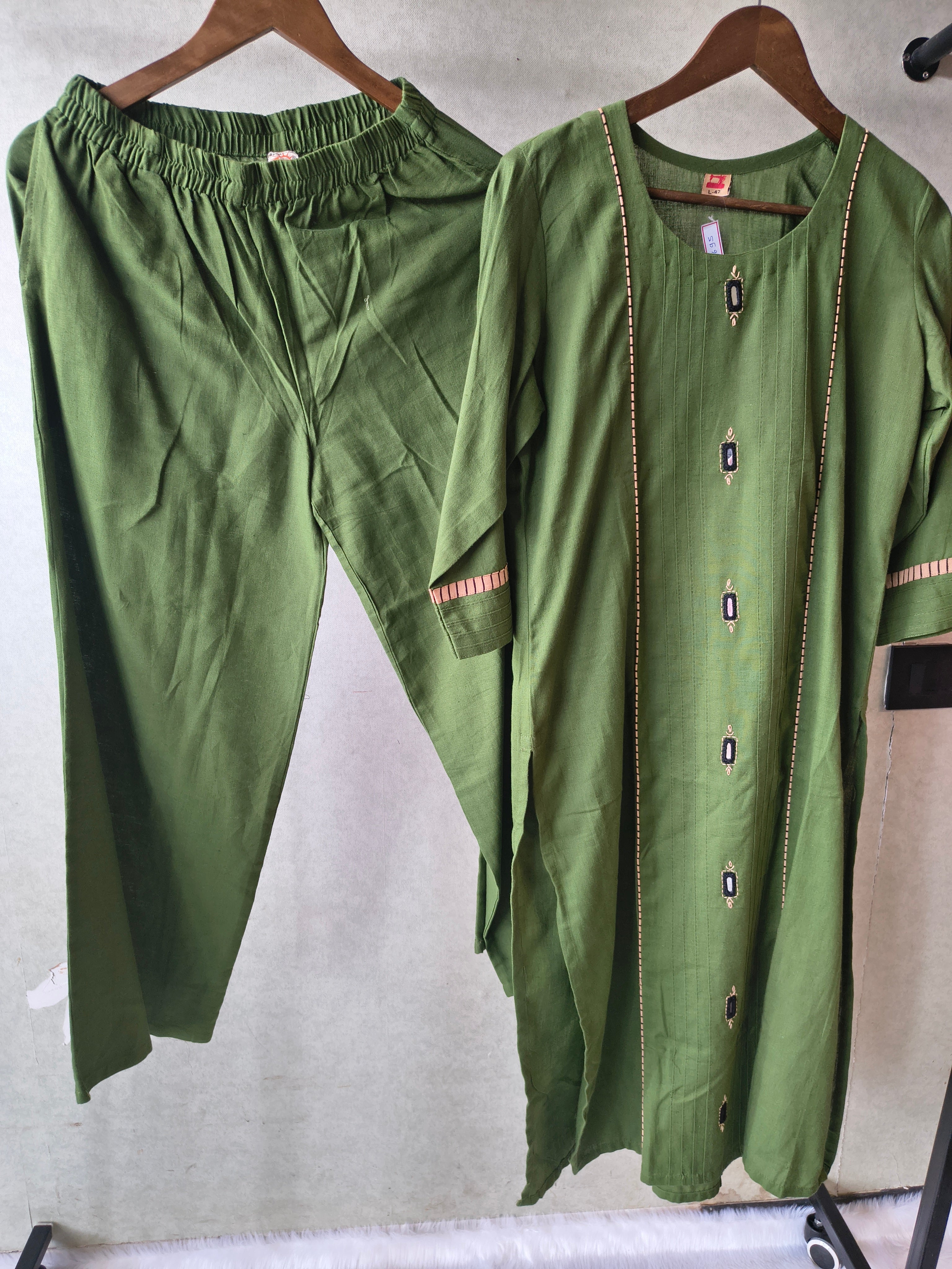 Image of Tadko Premium Olive Green Straight Kurta Co-Ord Set with Embellished Yoke