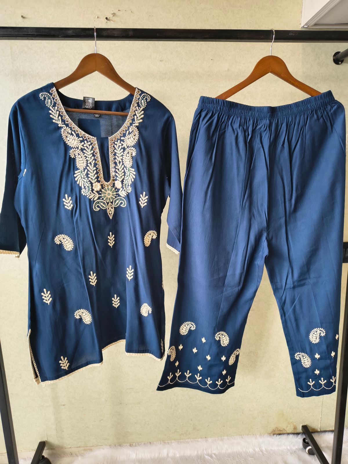 Premium Navy Blue Embroidered Kurta Set with Designer Pants