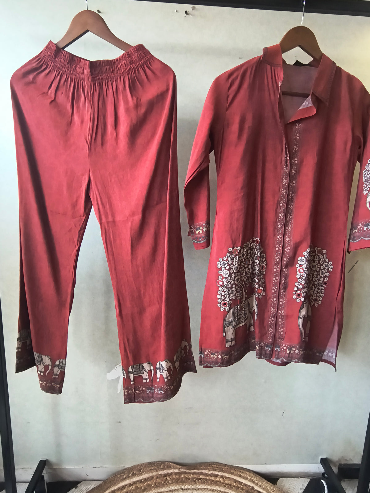 Rust Red Elephant Print Designer Co-Ord Set with Asymmetrical Hem