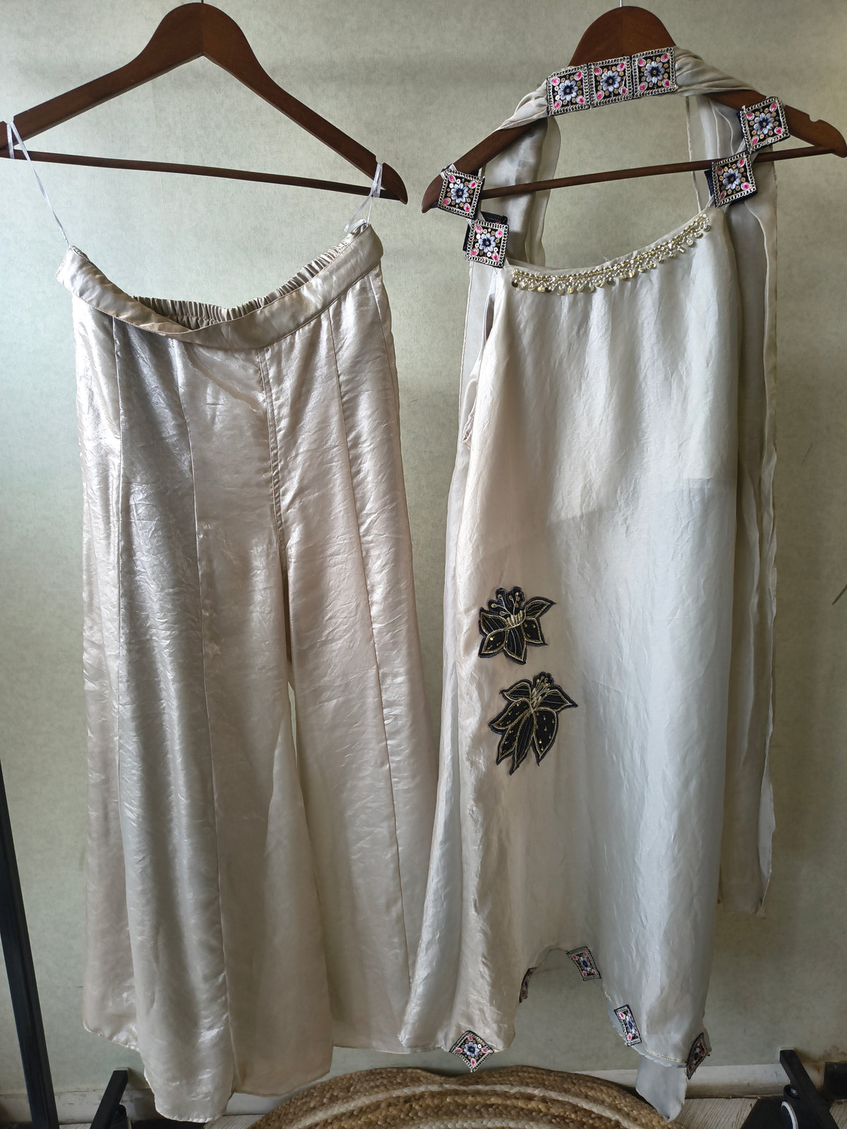 Ivory Designer A-Line Dress with Handcrafted Floral Appliqué & Embellished Scarf