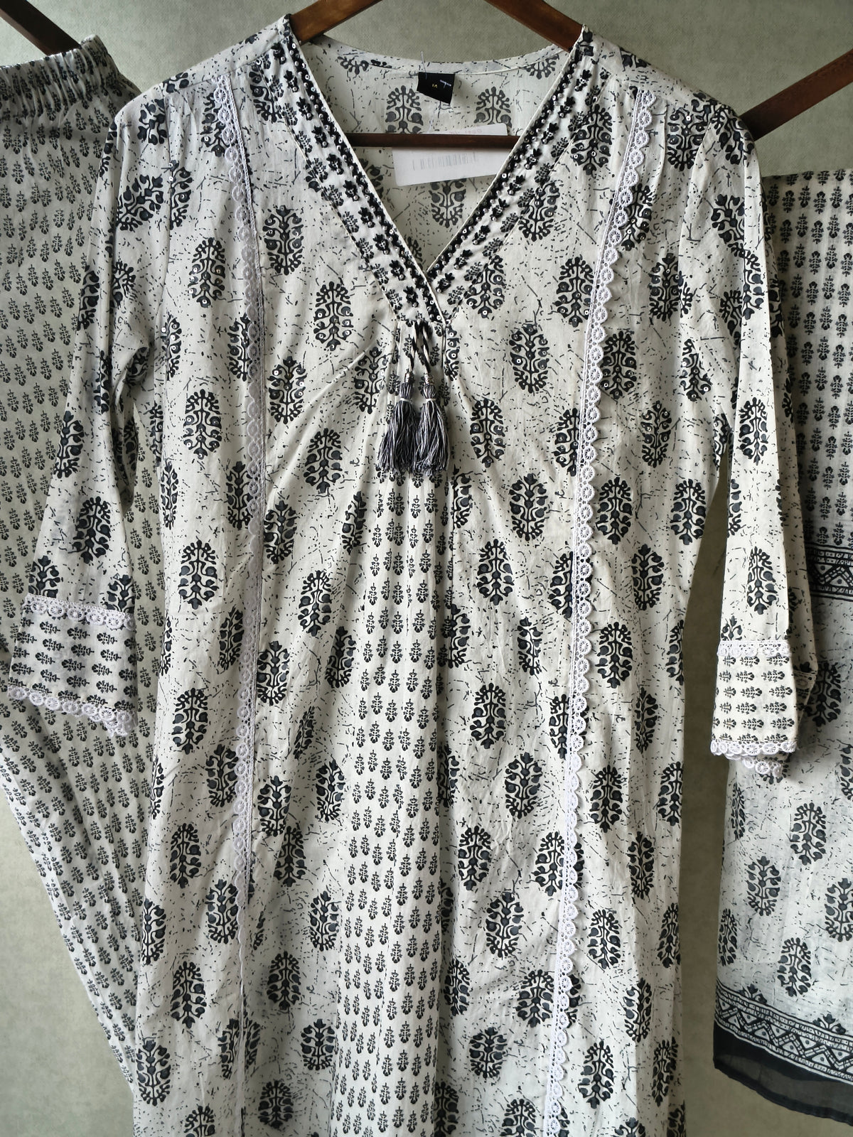Premium Black & White Hand Block Printed Cotton Anarkali Kurta Set with Printed Pants & Dupatta
