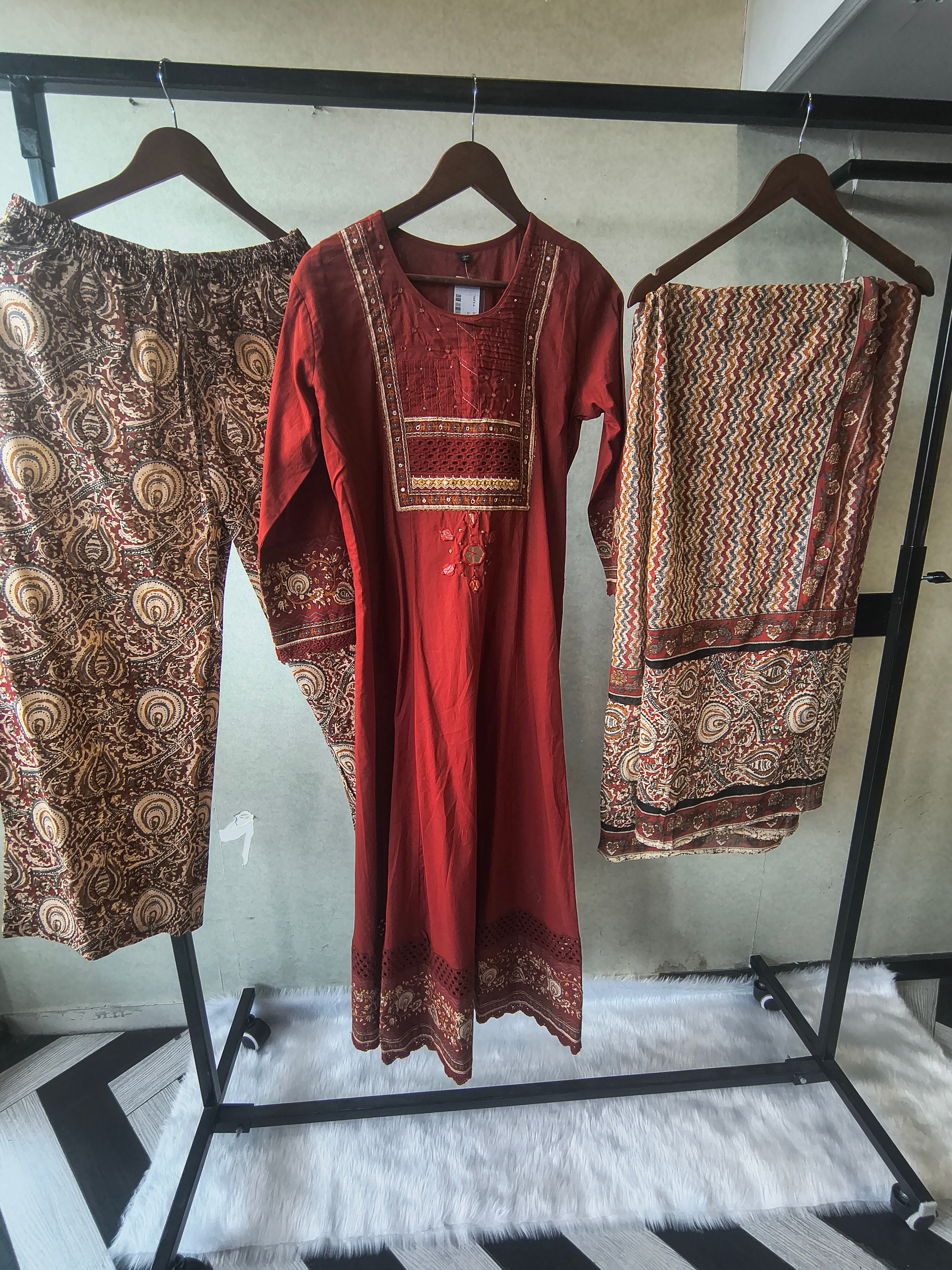 Image of Rust Red Embroidered Three-Piece Kurta Set with Printed Pant & Designer Dupatta