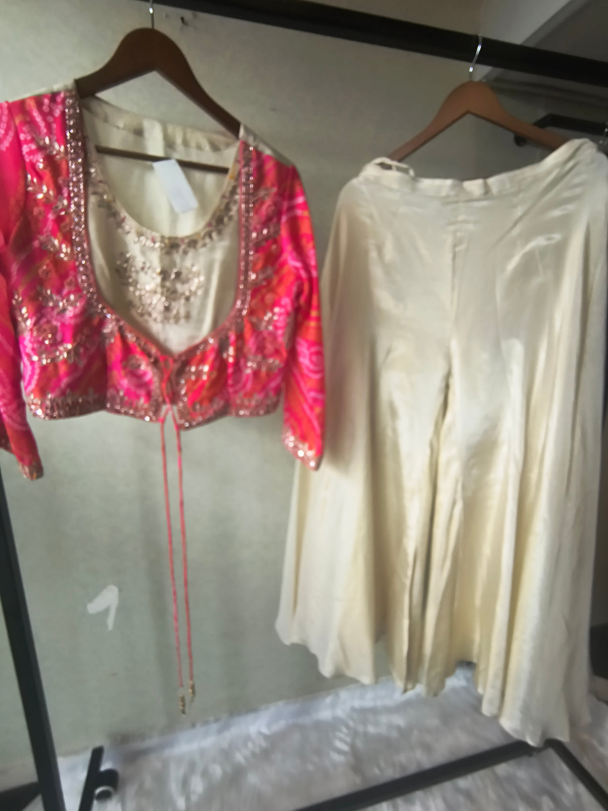 Premium Hot Pink Bandhani Print Embroidered Jacket Blouse with Ivory Flared Palazzo Set